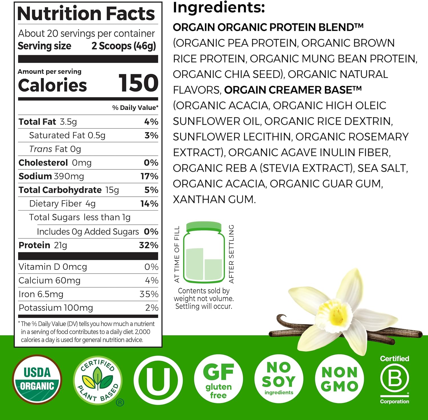 Orgain Organic Vegan Protein Powder, Vanilla Bean - 21g Plant Protein