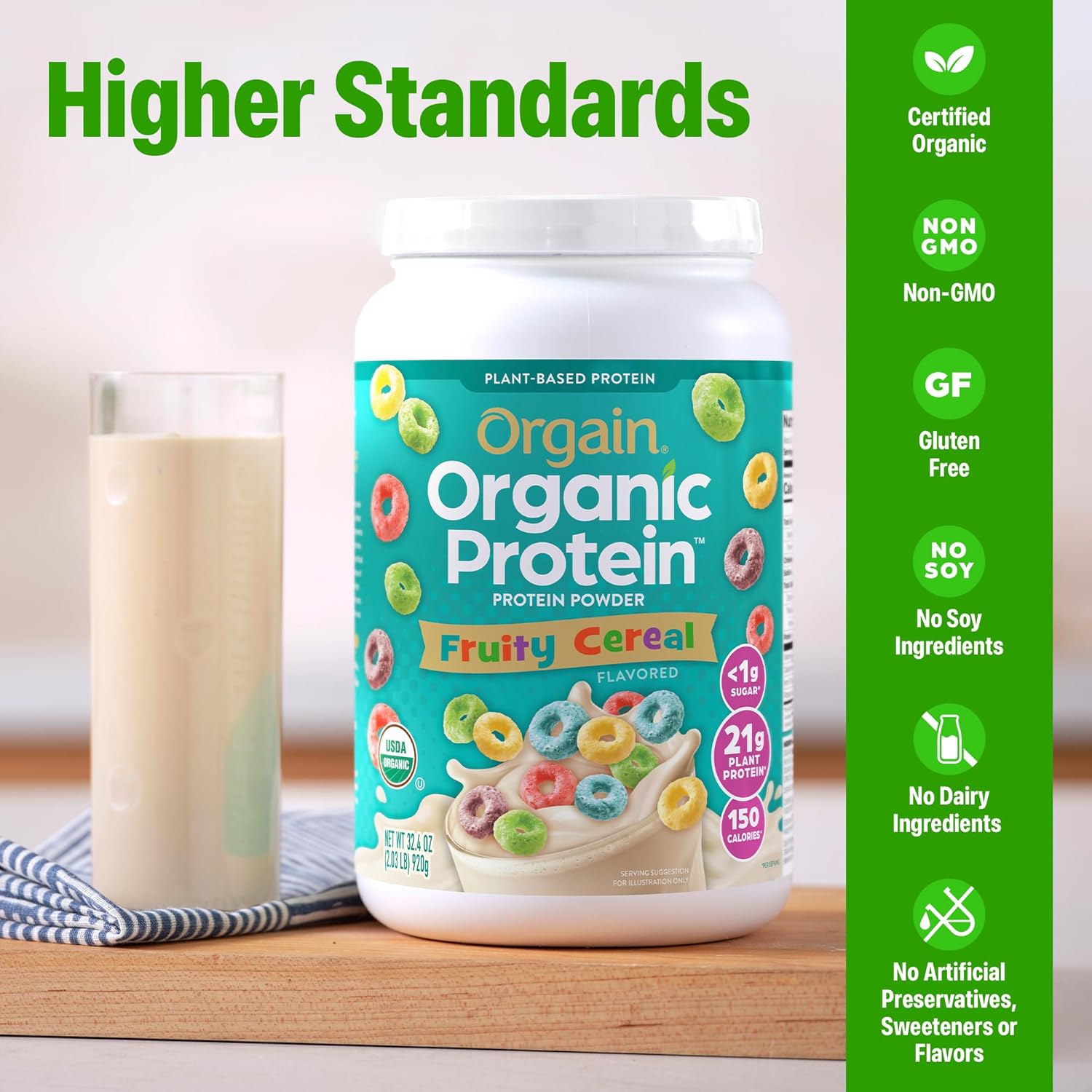 Orgain Organic Vegan Protein Powder, Fruity Cereal - 21g Plant Based Protein, 8g Prebiotic Fiber, Low Net Carb