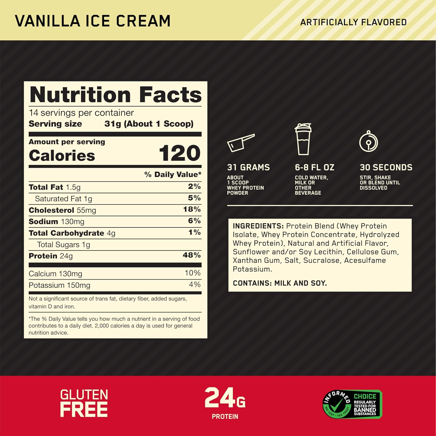 Optimum Nutrition Gold Standard 100% Whey Protein Powder, Vanilla Ice Cream, 1 Pound