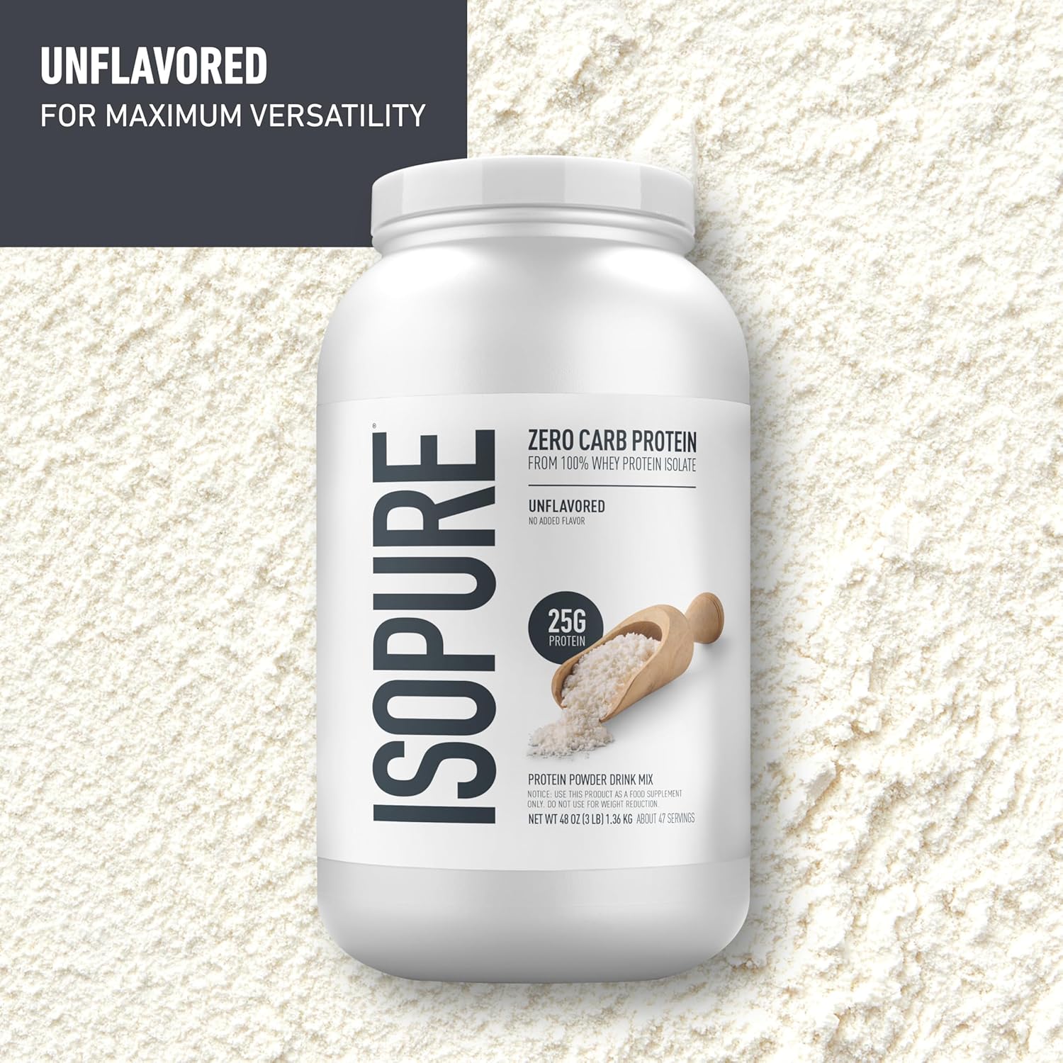 Isopure Zero Carb 100% Pure Whey Isolate Protein Powder Unflavored, 25g Protein Per Serving, 3 Lbs, 47 Servings