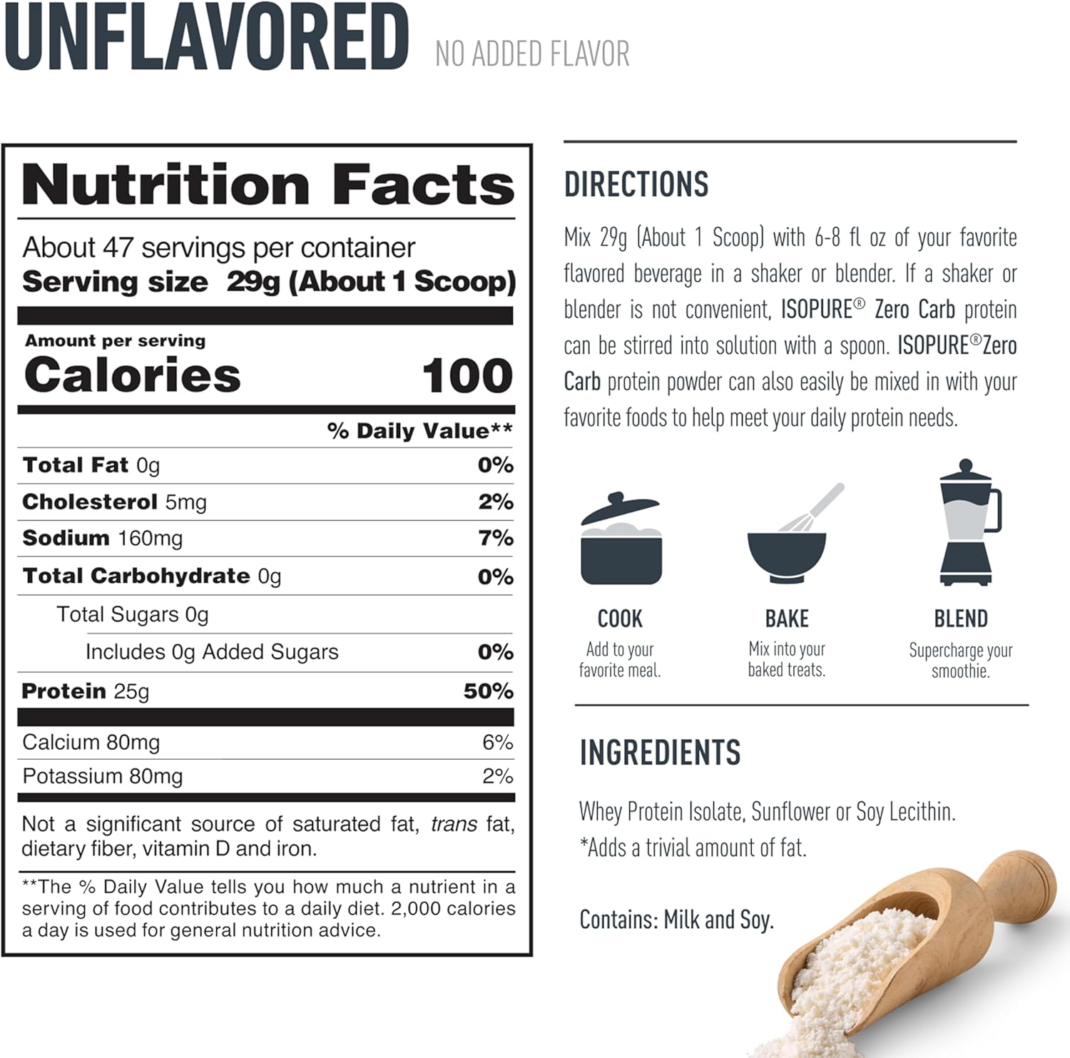 Isopure Zero Carb 100% Pure Whey Isolate Protein Powder Unflavored, 25g Protein Per Serving, 3 Lbs, 47 Servings