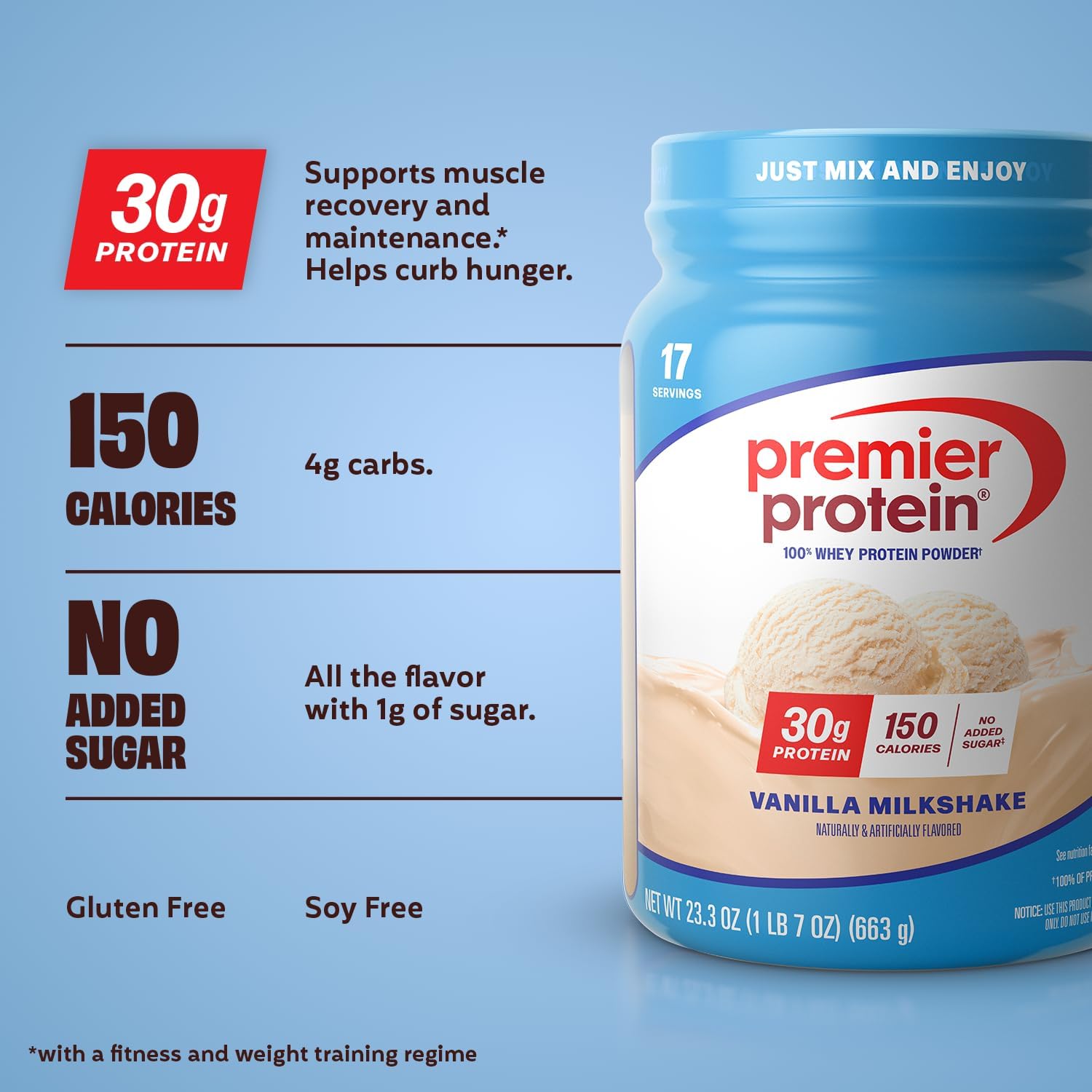 Premier Protein Powder, Vanilla Milkshake, 30g Protein No Soy, Gluten Free, 23.3 oz, 17 Servings