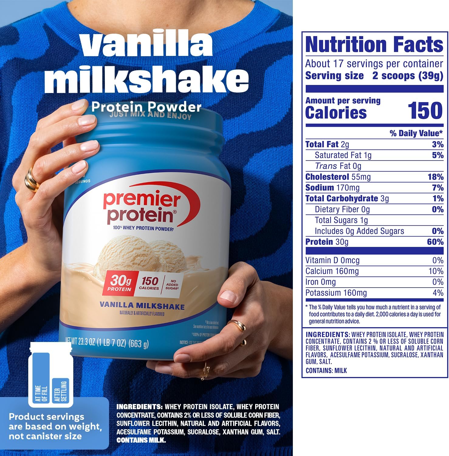 Premier Protein Powder, Vanilla Milkshake, 30g Protein No Soy, Gluten Free, 23.3 oz, 17 Servings