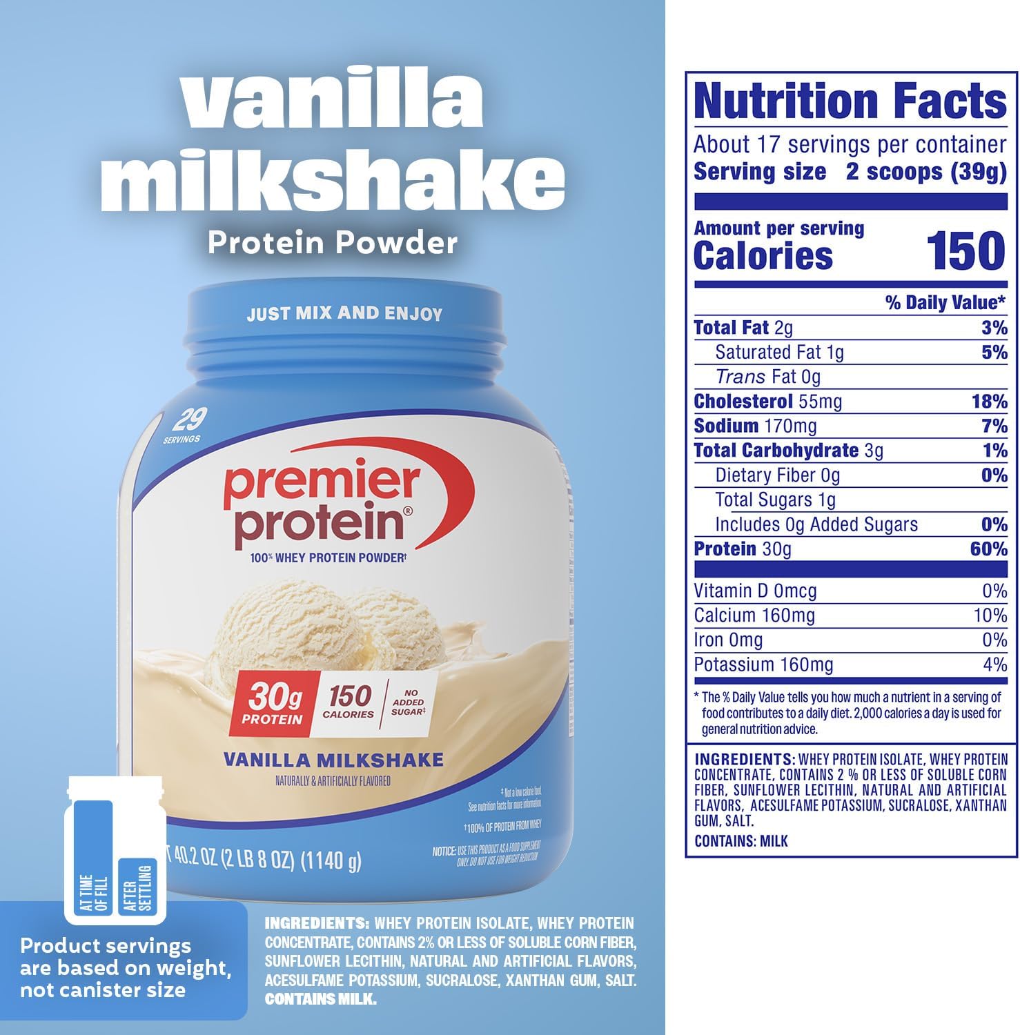 Premier Protein Powder, Vanilla Milkshake, 30g Protein, 1g Sugar, Gluten Free, No Soy, 40.2 oz, 29 Servings