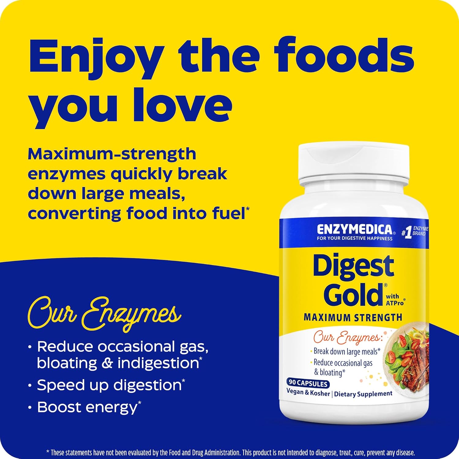 Enzymedica Digest Gold + ATPro, Maximum Strength Enzyme Formula, Fast-Acting, Helps Digest Large Meals, Prevents Bloating and Gas, 90 Capsules