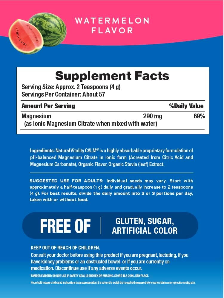Natural Vitality Calm, Magnesium Supplement, Drink Mix Powder, Gluten Free, Vegan, & Non-GMO, Watermelon, 8oz Powder