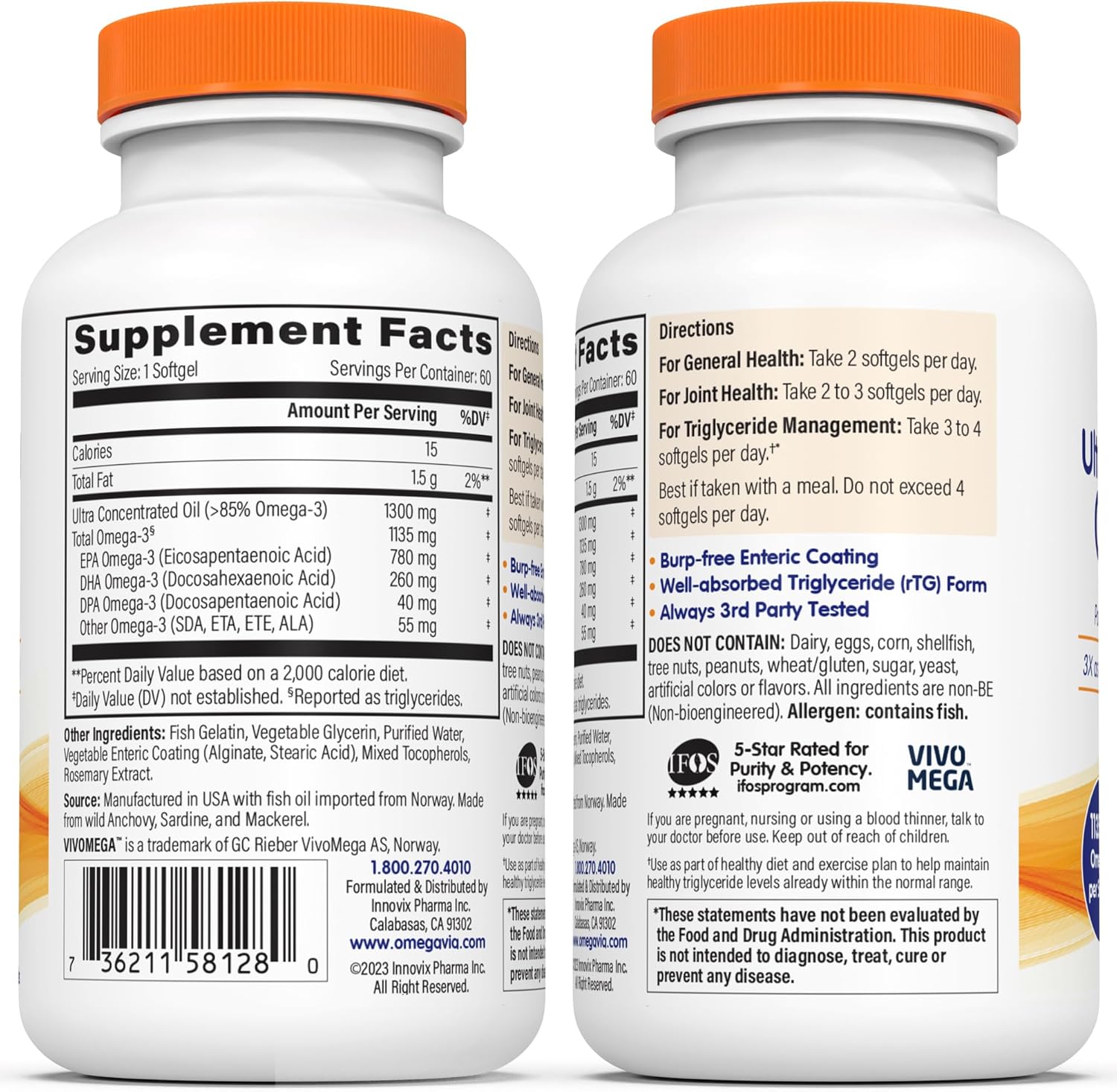 OmegaVia Ultra Concentrated Omega 3 Fish Oil Burpless, 60 Softgels, Triple Strength Omega 3 Fish Oil Supplements