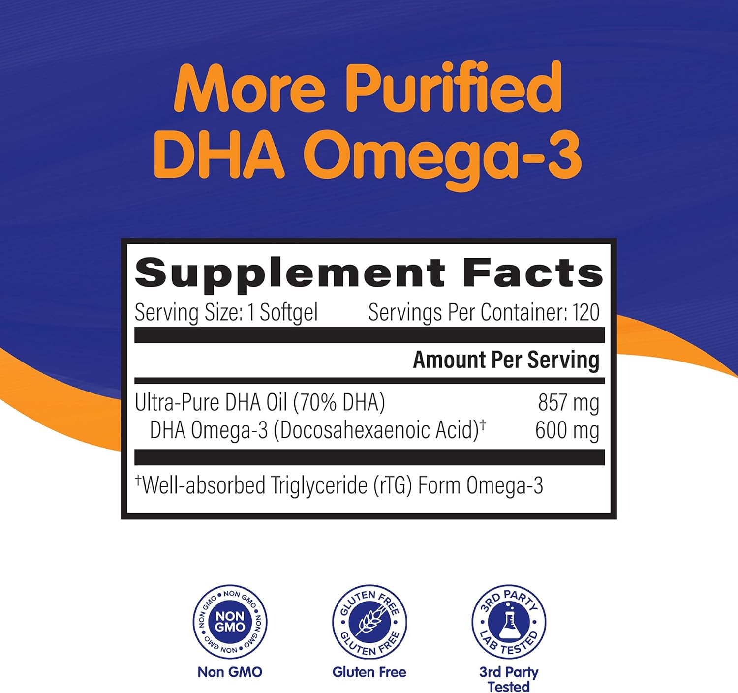 OmegaVia DHA 600 mg, Ultra Pure Omega-3 DHA Supplements for Brain and Eyes, 120 Softgels