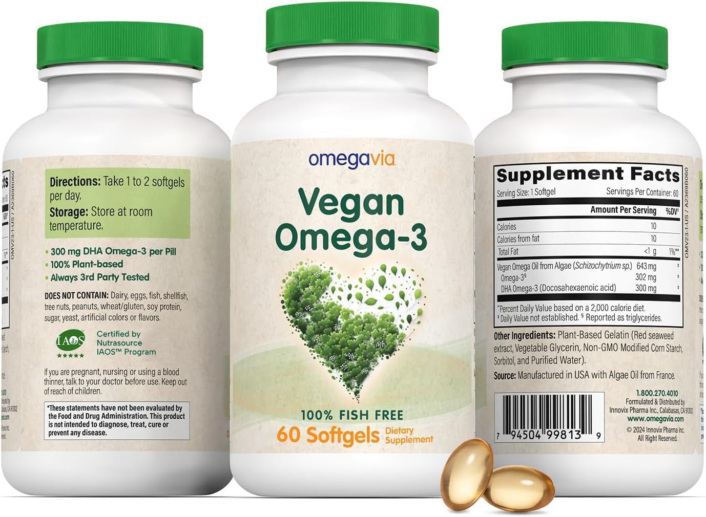 OmegaVia Vegan Omega 3 Supplement, Algae Omega 3 Fish Oil Alternative, 60 Softgels