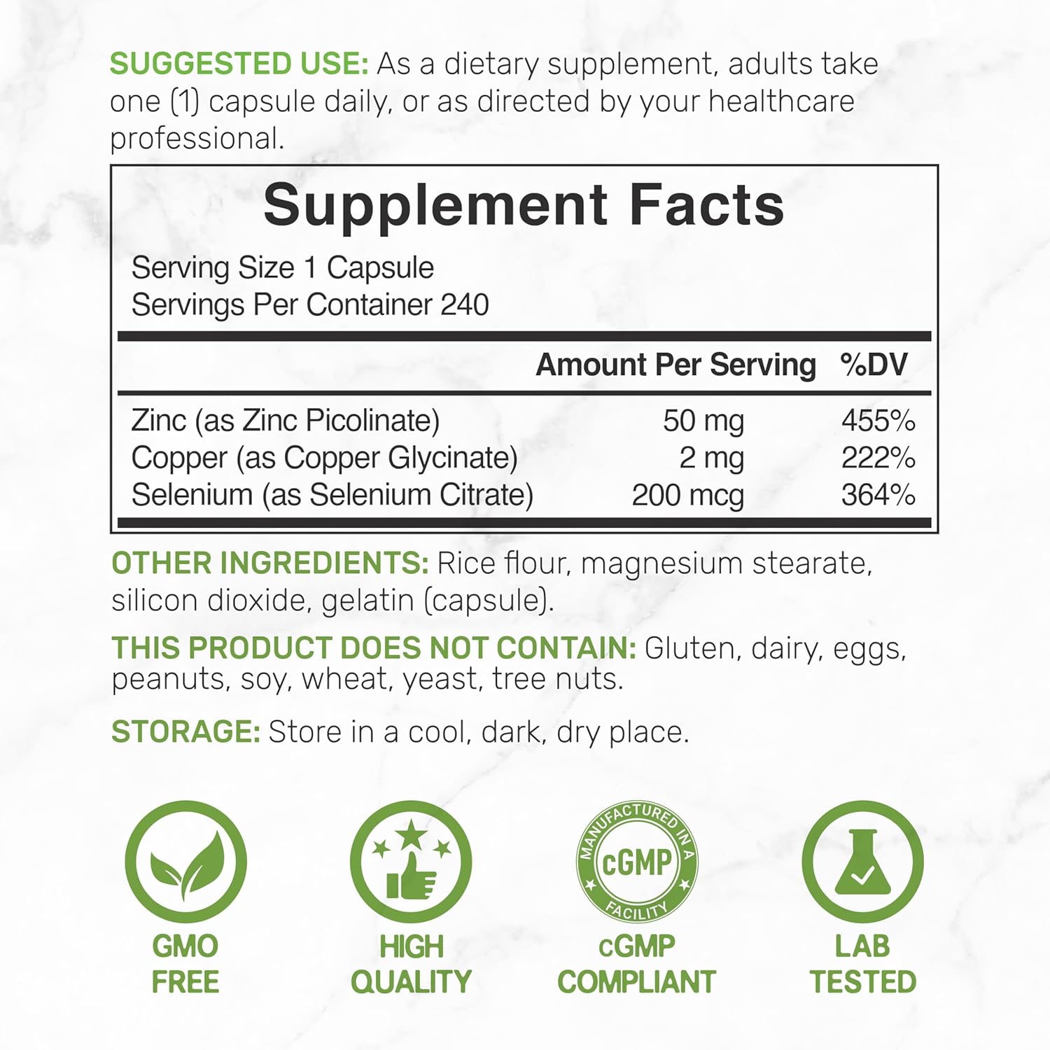 Deal Supplement Zinc 50mg with Selenium + Copper, 240 Capsules, 8 Month Supply, 3 in 1 Mineral Formula