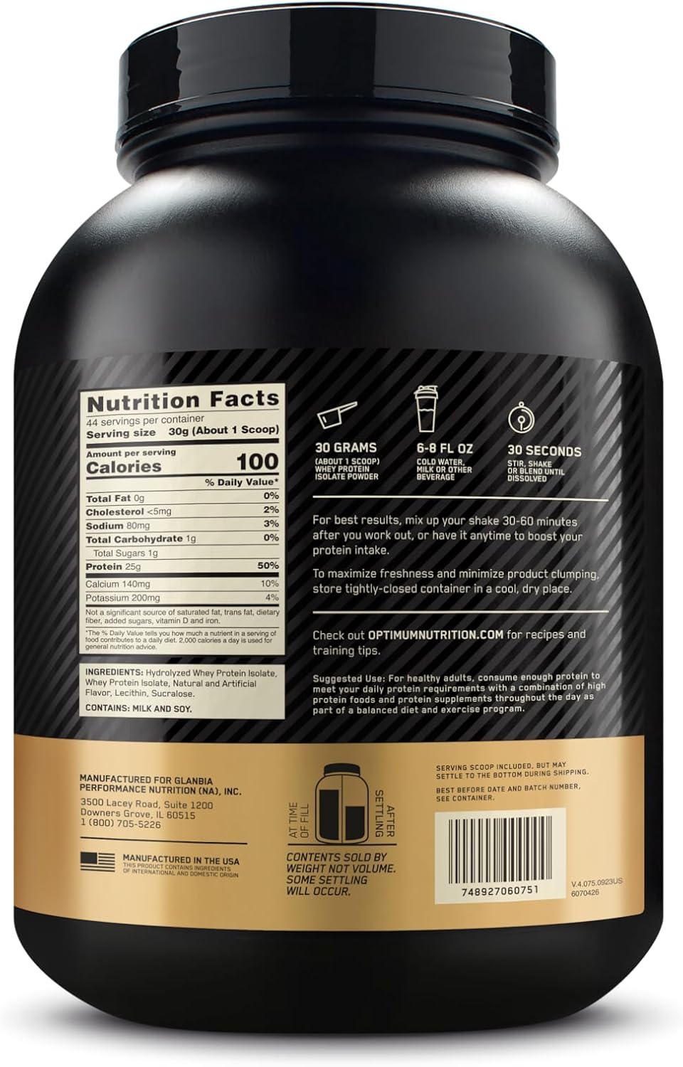 Optimum Nutrition Gold Standard 100% Isolate, Protein Powder, Rich Vanilla, 2.91 Pounds, 44 Servings