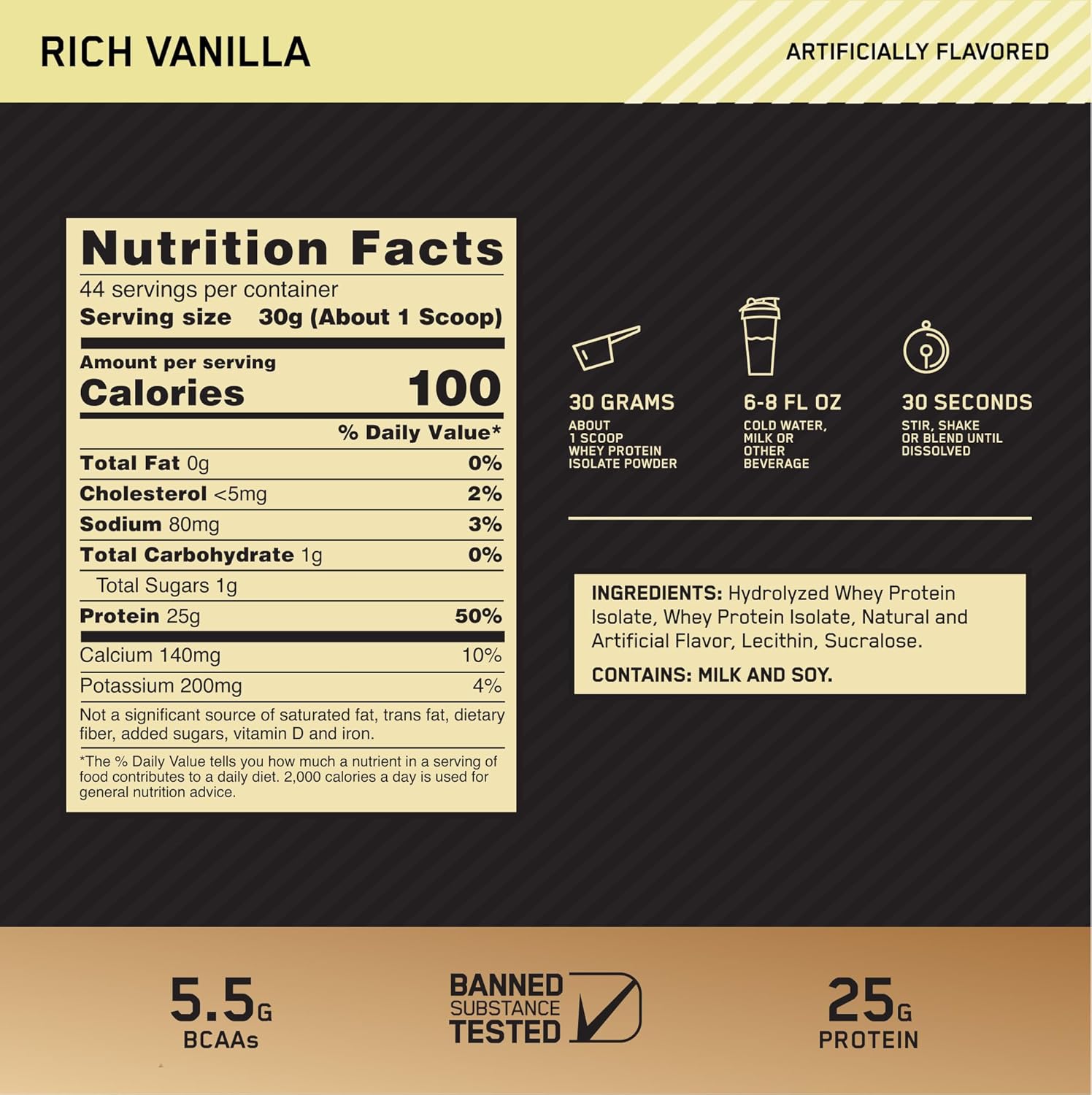 Optimum Nutrition Gold Standard 100% Isolate, Protein Powder, Rich Vanilla, 2.91 Pounds, 44 Servings