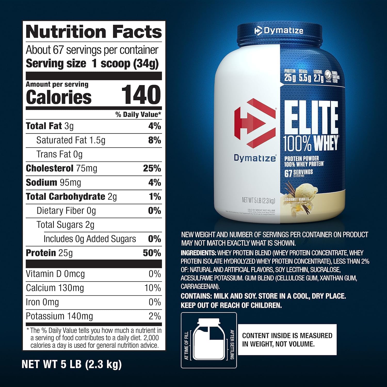 Dymatize Elite 100% Whey Protein Powder, Vanilla, 25g of Protein, 5.5g BCAAs, Less Than 140 Cal., Gluten Free, 2g Carb, 2g Sugar, 3g Fat (67 Servings)