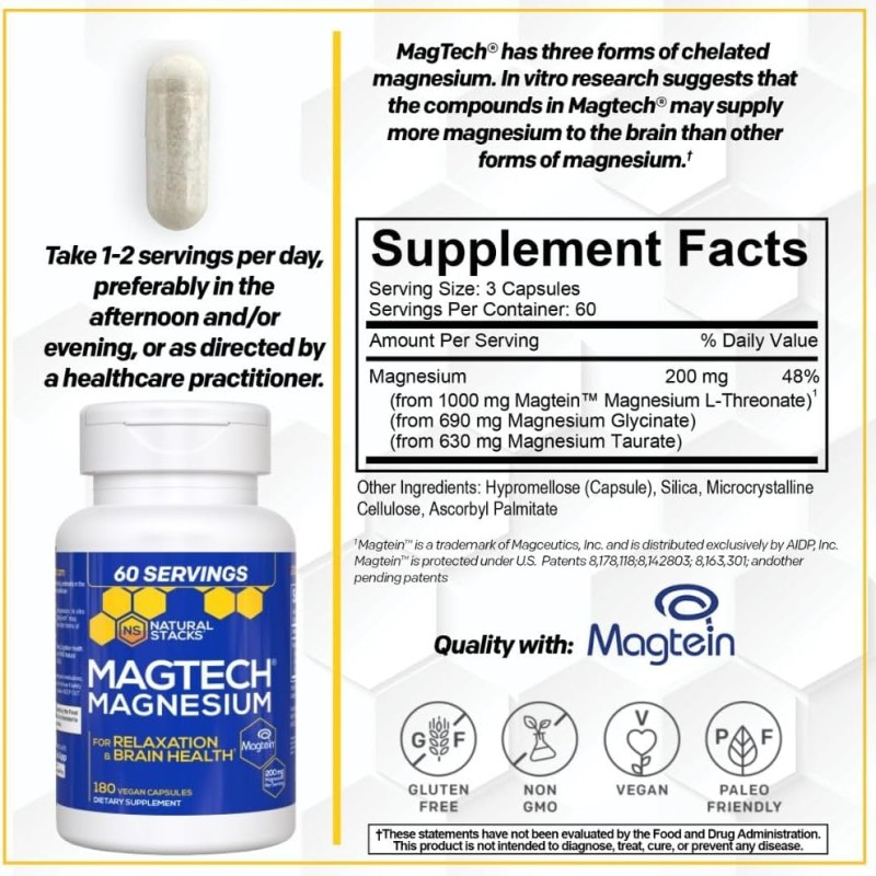 MagTech Magnesium Supplement - 3 Forms of Magnesium, Supports Relaxation & Brain Health - 180 Capsules