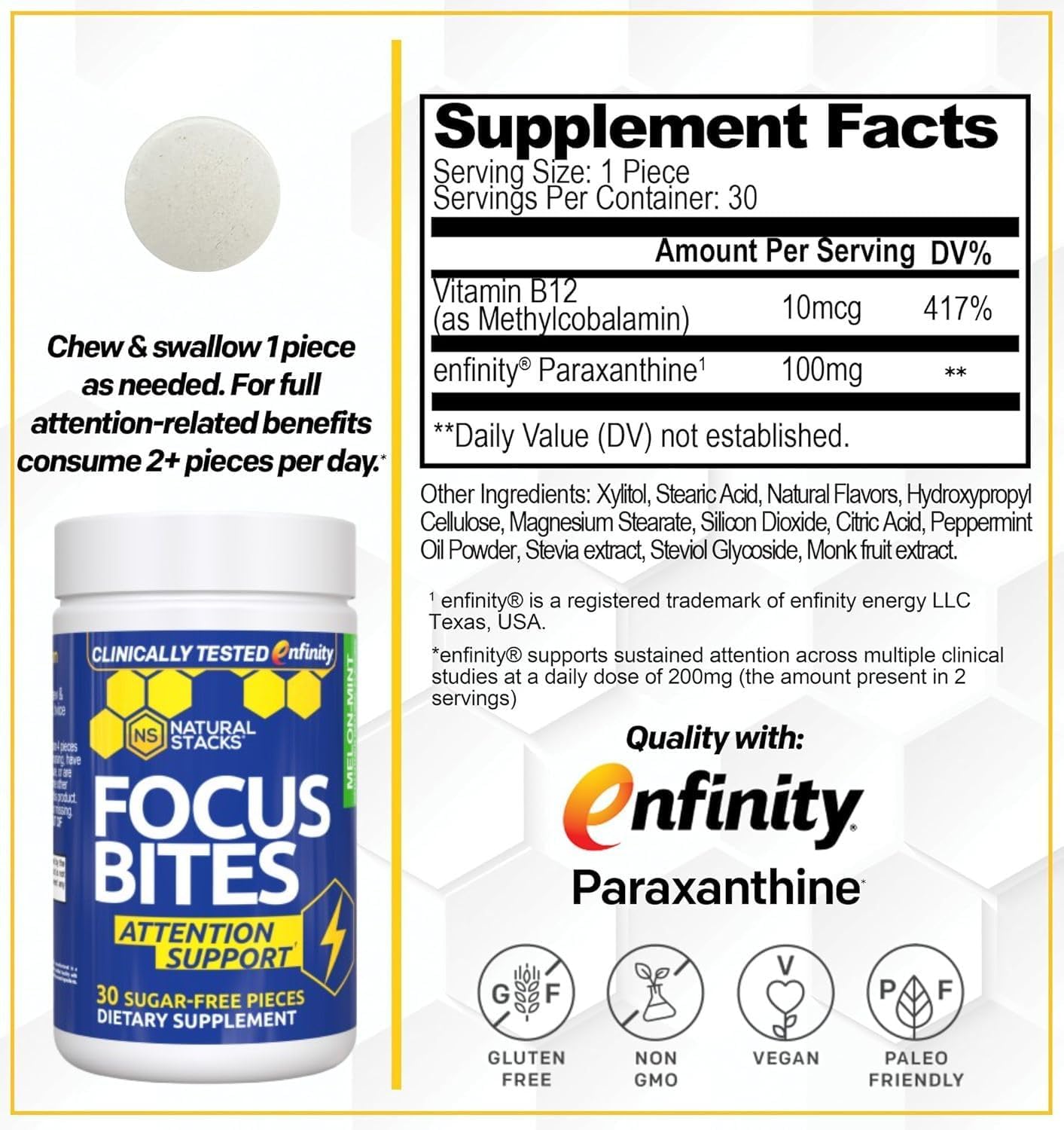 Paraxanthine Supplement 100mg - Caffeine Free Focus Supplement for Productivity & Attention Support, 30 Melon Mint Focus Bites