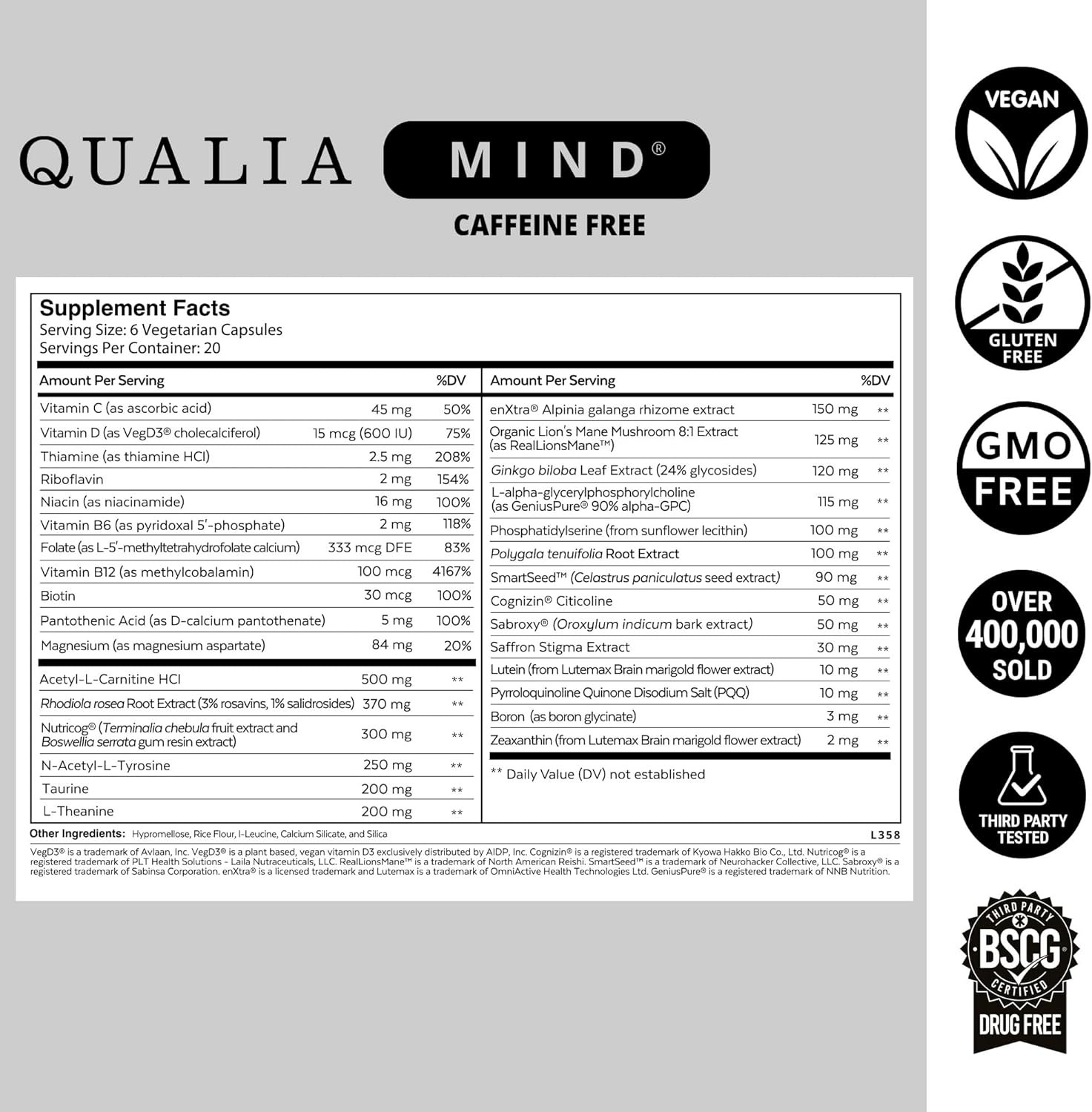 Qualia Mind (Caffeine Free) | Doctor-Formulated Nootropic to Fuel Focus & Concentration* | Drive & Productivity | 6 Week Supply