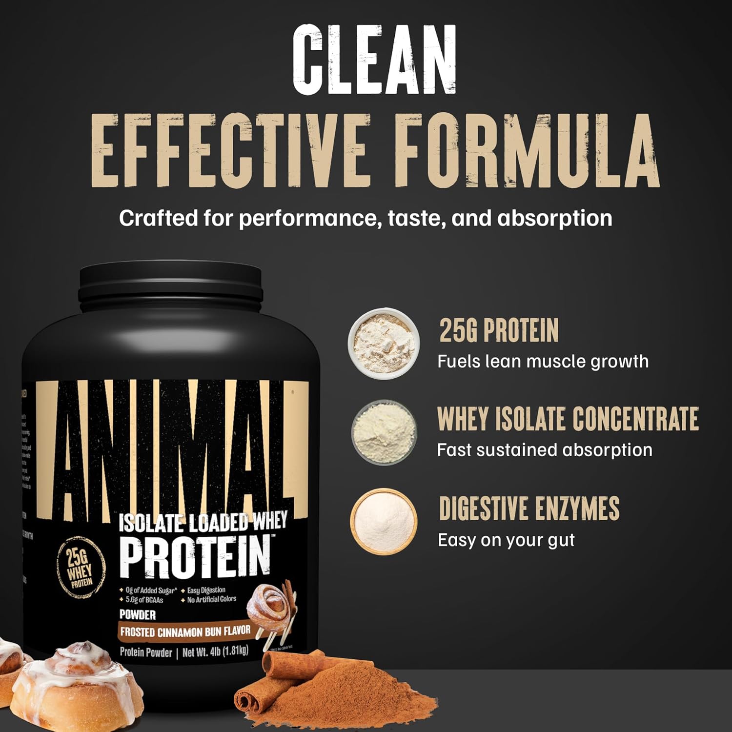 Animal Whey Isolate Protein Powder -25g Protein - Frosted Cinnamon Bun 4 lbs