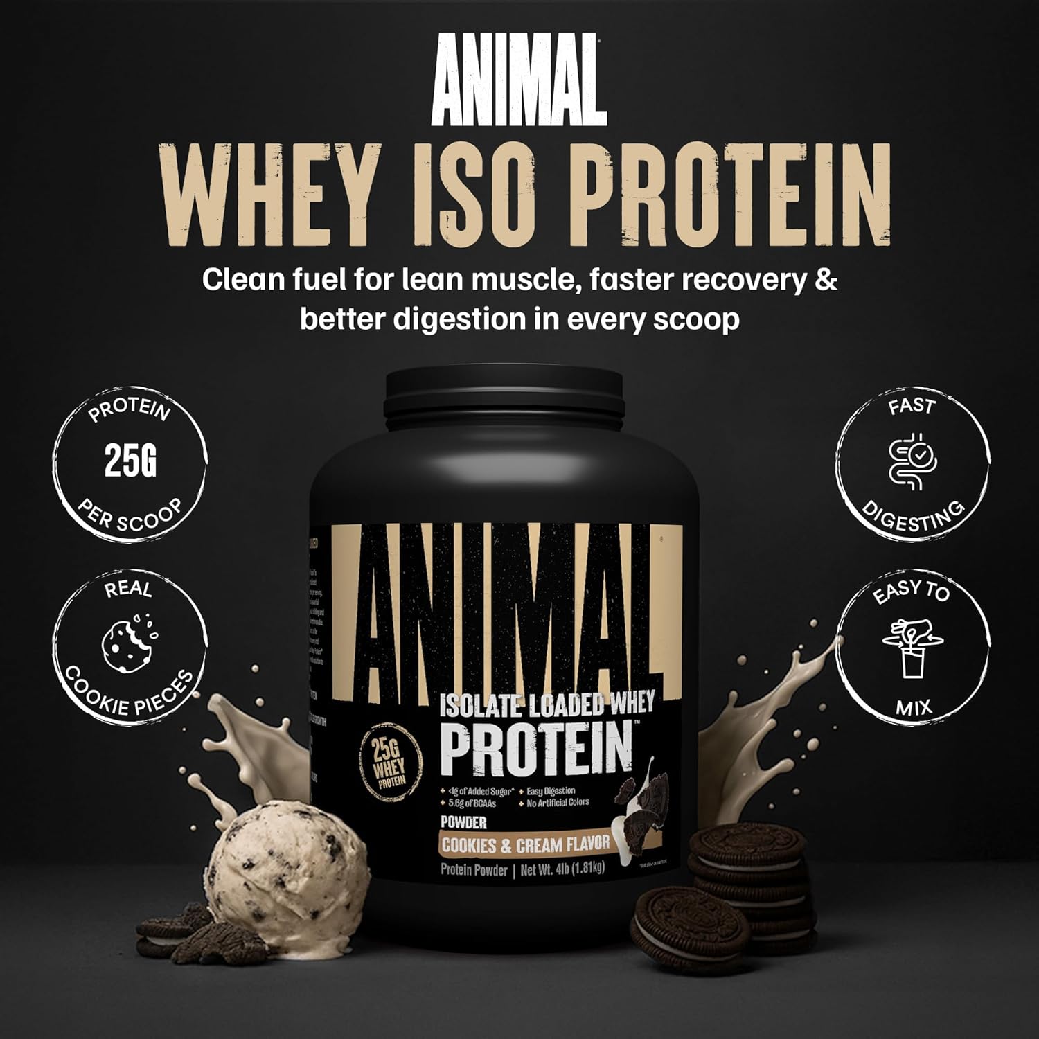 Animal Whey Isolate Protein Powder -25g Protein,Cookies & Cream 4 lbs