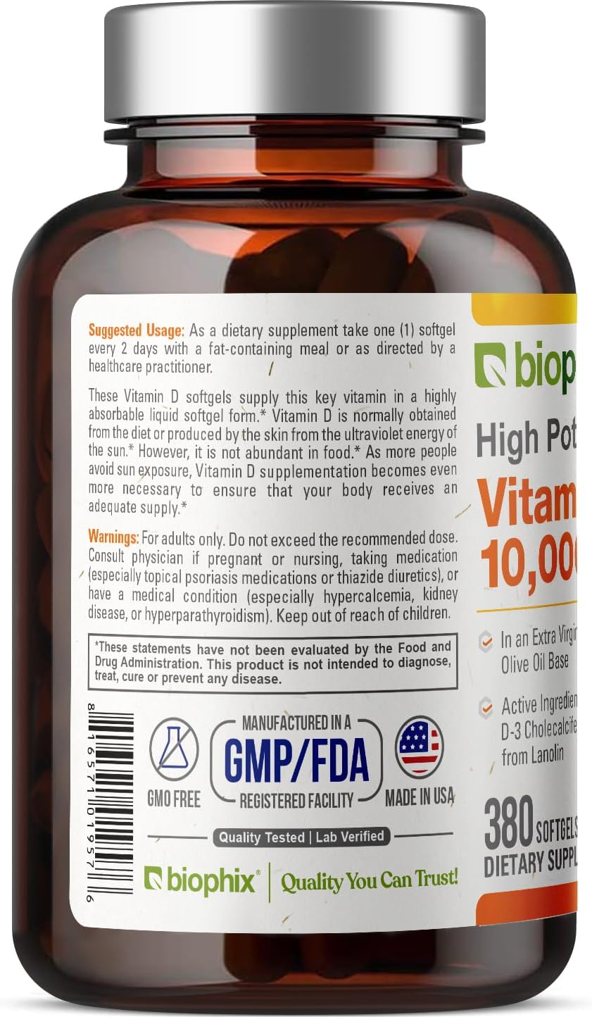 biophix Vitamin D-3 10000 IU 380 Softgels - High-Potency in Extra Virgin Olive Oil Non-GMO Soy-Free Supports Strong Bones Immune Health