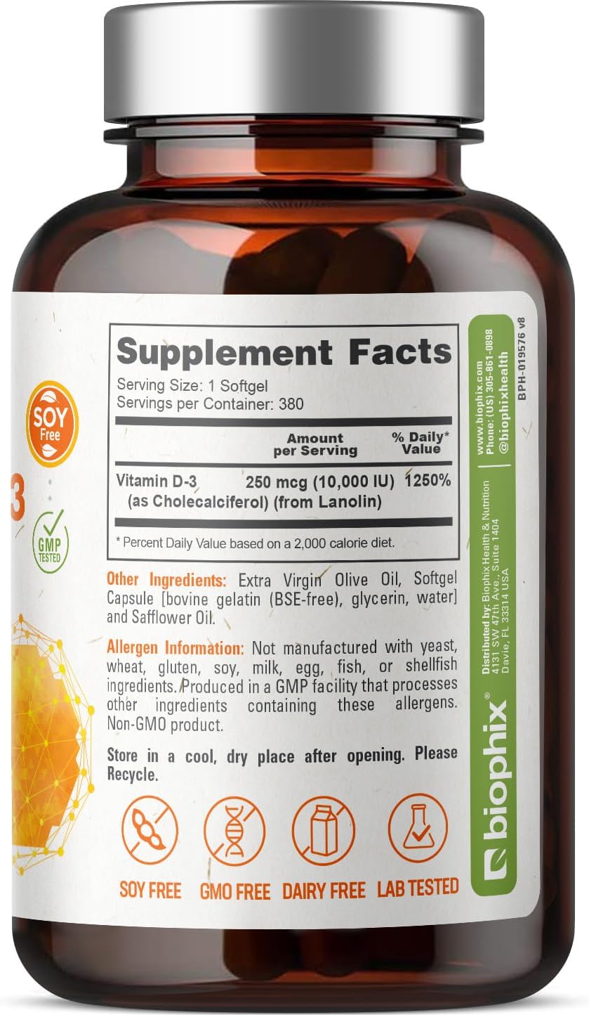 biophix Vitamin D-3 10000 IU 380 Softgels - High-Potency in Extra Virgin Olive Oil Non-GMO Soy-Free Supports Strong Bones Immune Health