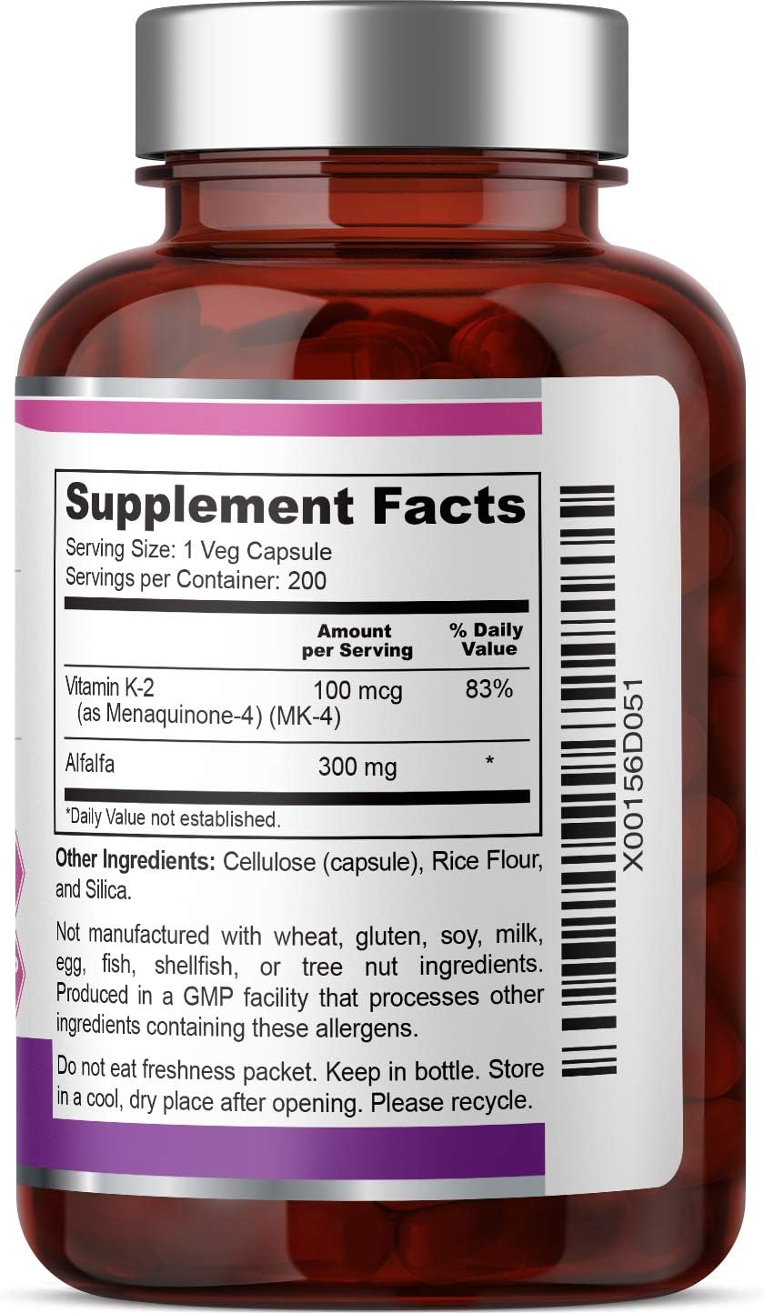 biophix Vitamin K2 MK-4-100 mcg 200 Caps with Alfalfa - Supports Strong Bones Immune Health