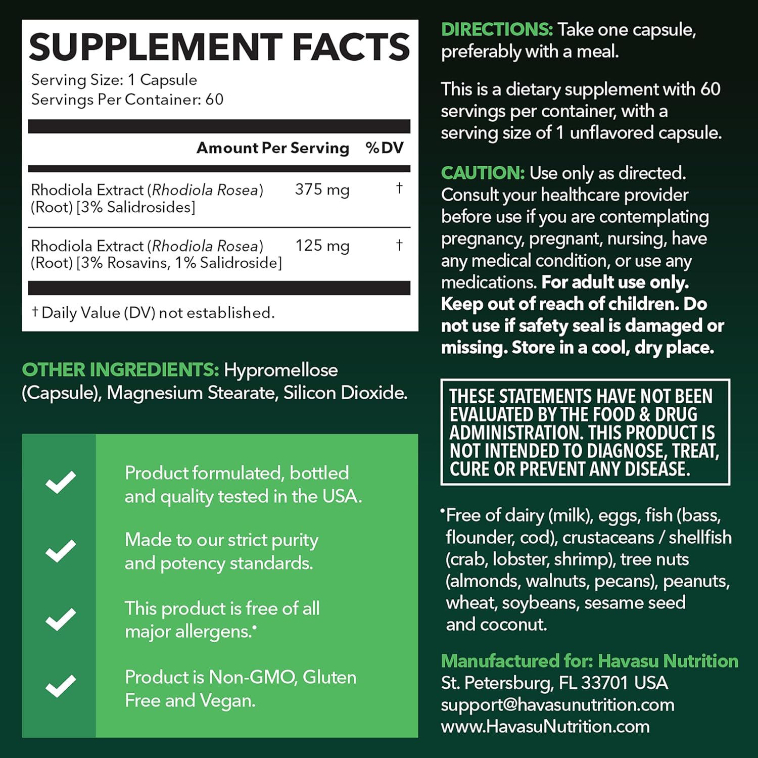 Rhodiola Rosea Supplement - Herbal Adaptogen for Mental and Physical Performance Support (3% Salidrosides, 3% Rosavins Extract) - 60 Count