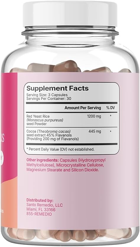 Santo Remedio Cholesterol Plus, Dietary Supplement with Red Yeast Rice & Cocoa 30 Servings