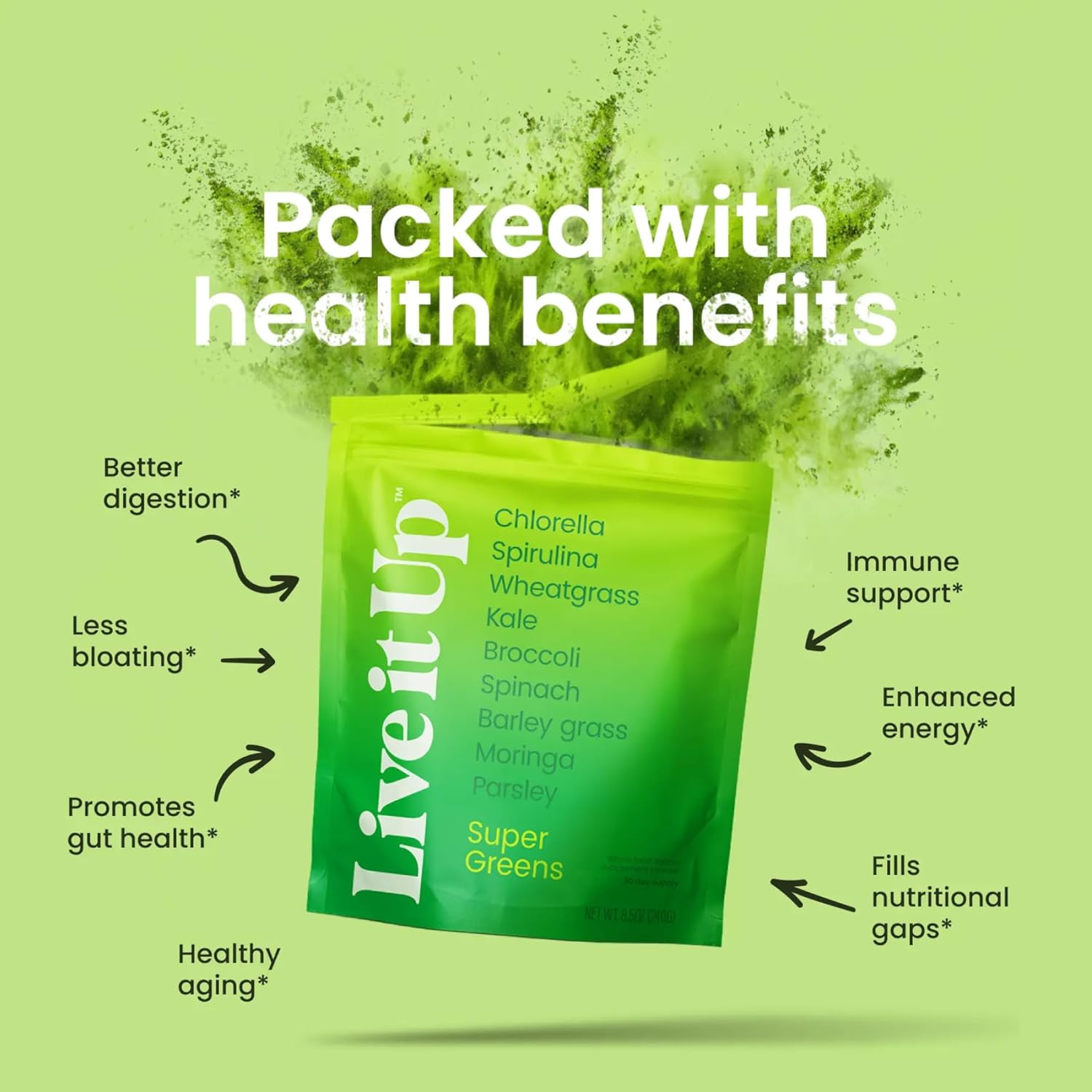 LIVE IT UP Super Greens Powder | All-Natural Plant-Based Superfood Blend with Probiotics & Digestive Enzymes - 30 Servings