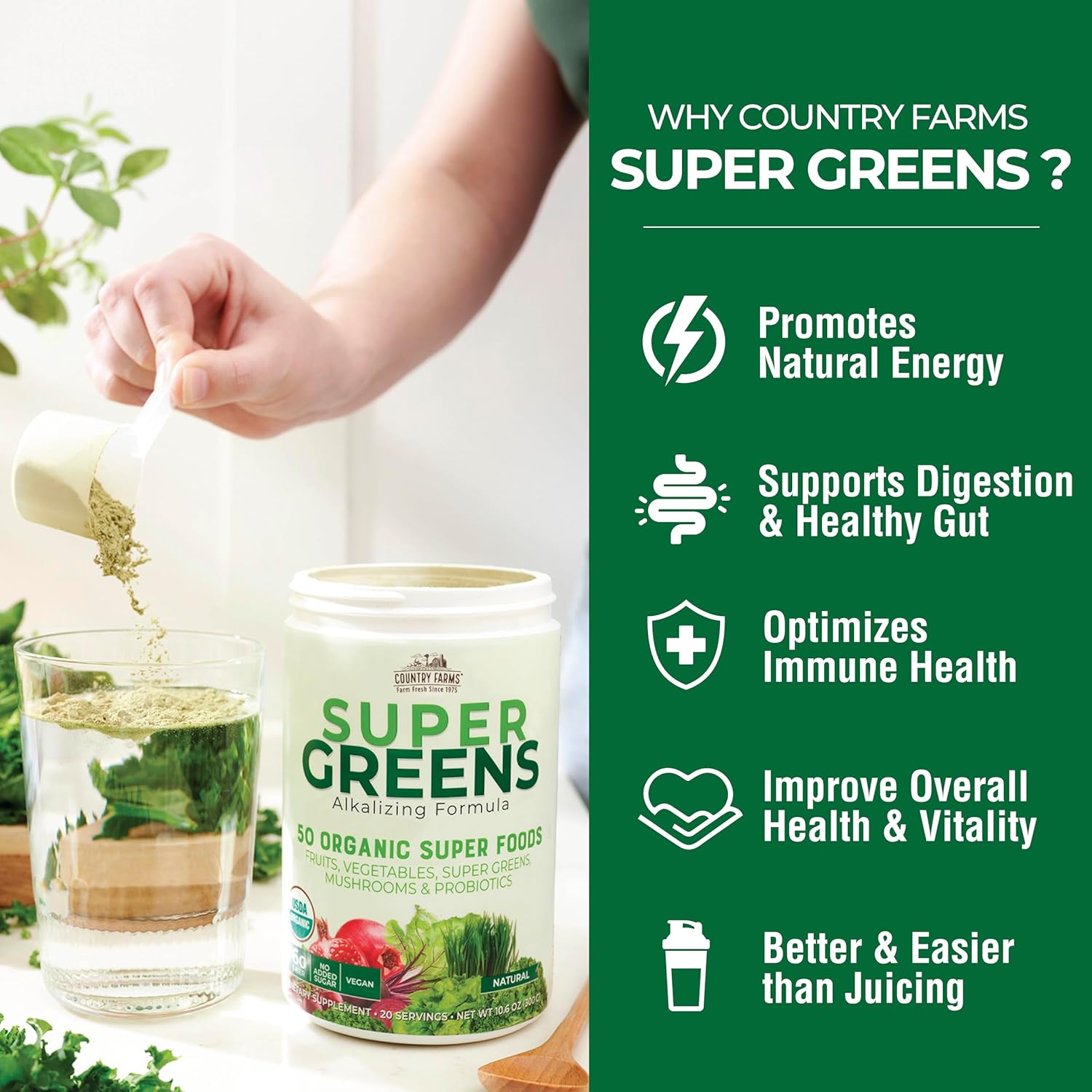 Country Farms Organic Super Greens Natural Flavor, 50 Organic Super Foods, Packed with Fiber