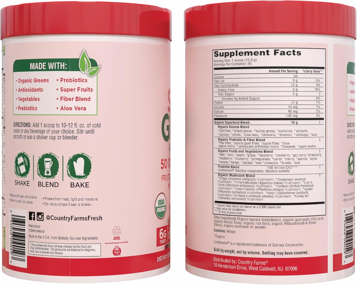 Country Farms Organic Super Greens Berry Flavor, 50 Organic Super Foods