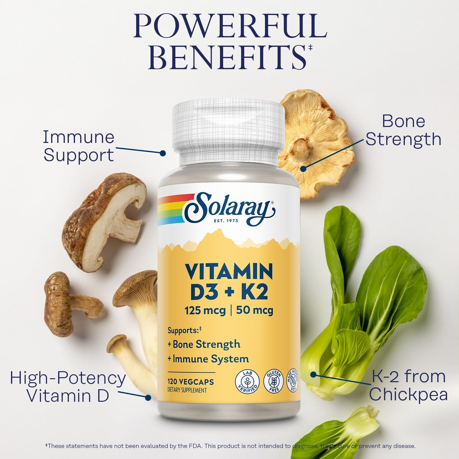 SOLARAY Vitamin D3 K2 - Bone Health and Immune Support Supplement - With 5000 IU Vitamin D 120 Serv, 120 VegCaps