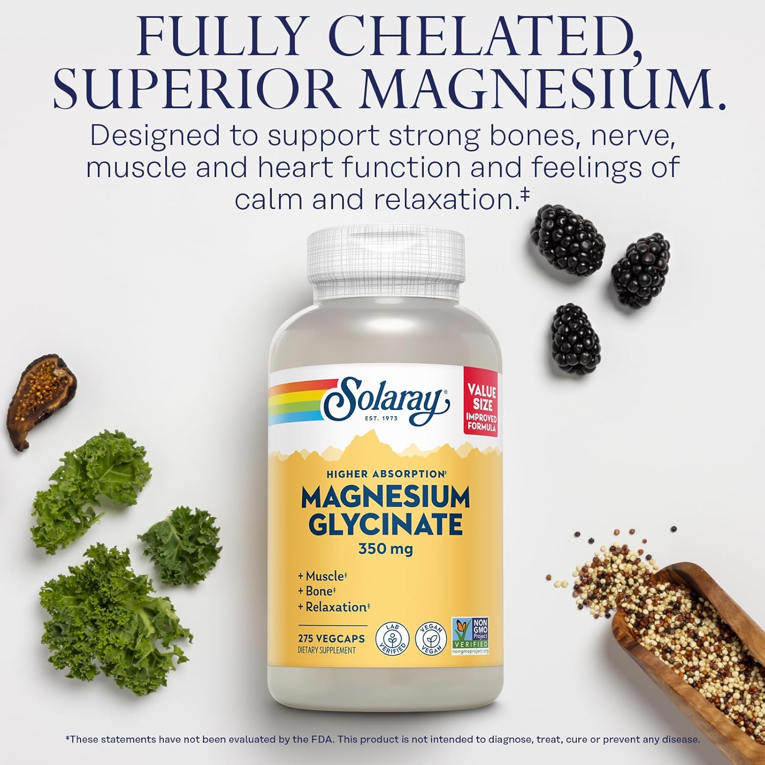 SOLARAY Magnesium Glycinate Capsules, Chelated Magnesium Bisglycinate 68 Servings, 275 VegCaps