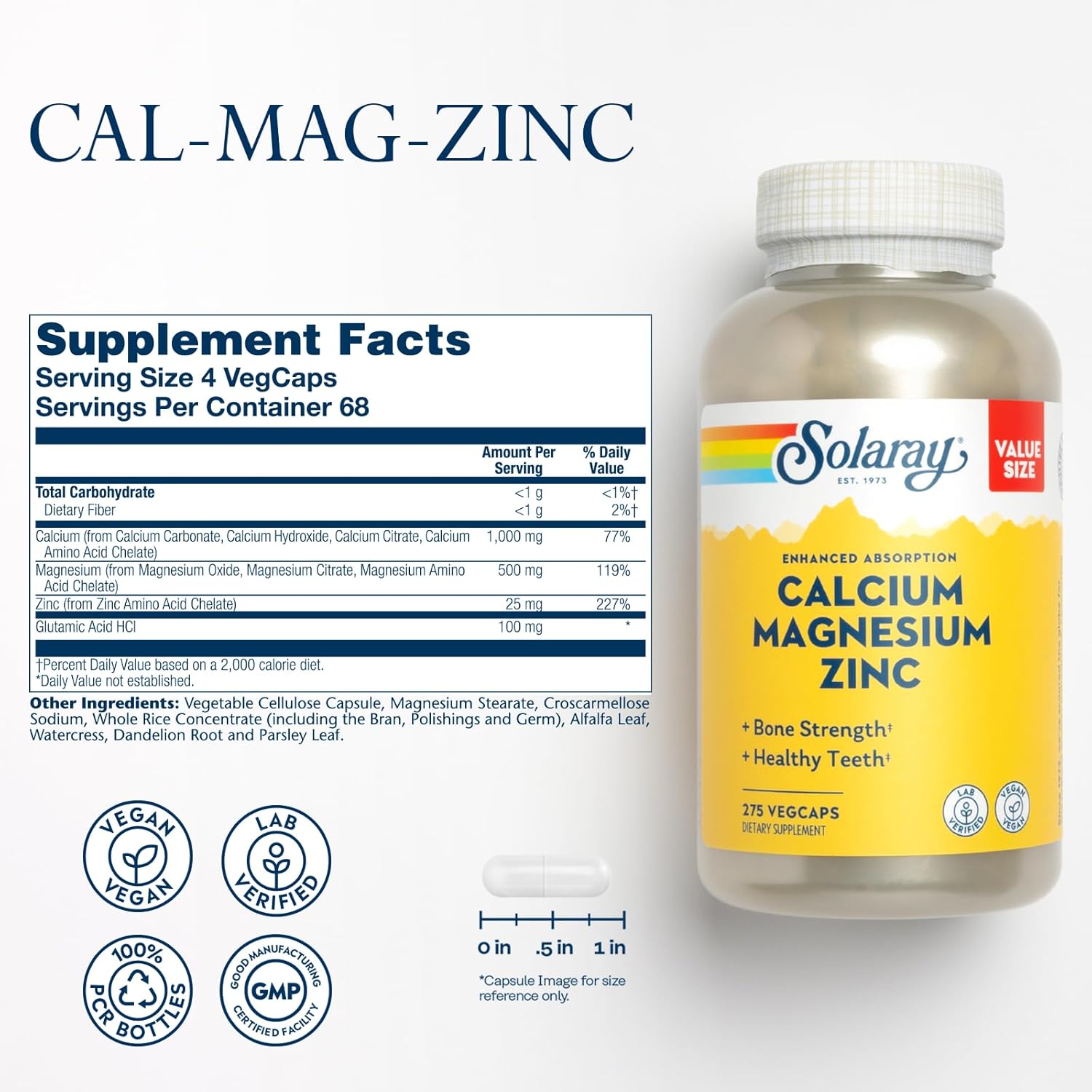 SOLARAY Calcium Magnesium Zinc Supplement - with Calcium 1000mg, Magnesium 500mg 68 Servings, 275 VegCaps