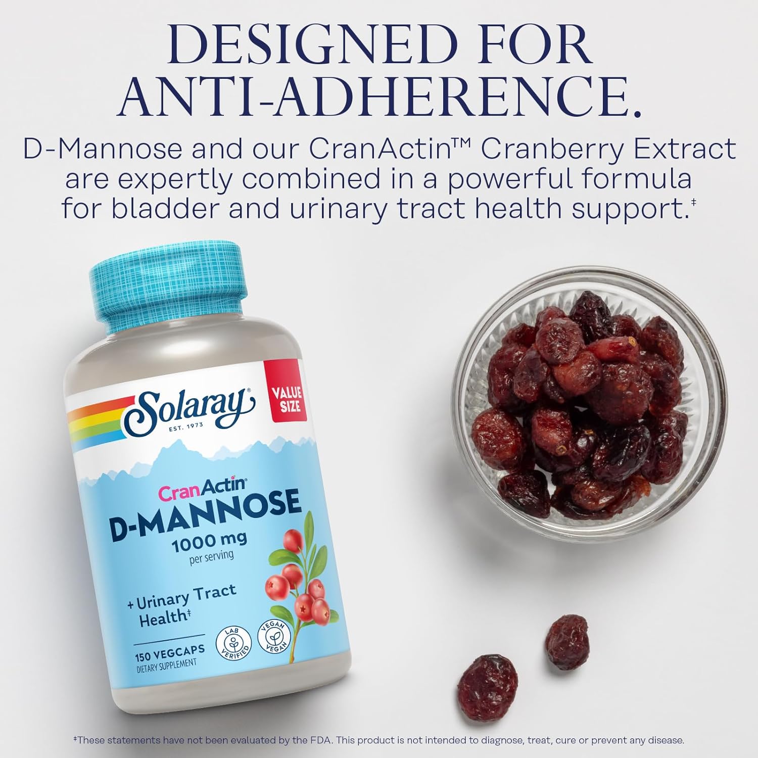 Solaray D-Mannose 1000mg with CranActin Cranberry Supplement 400mg 75 Servings, 150 VegCaps