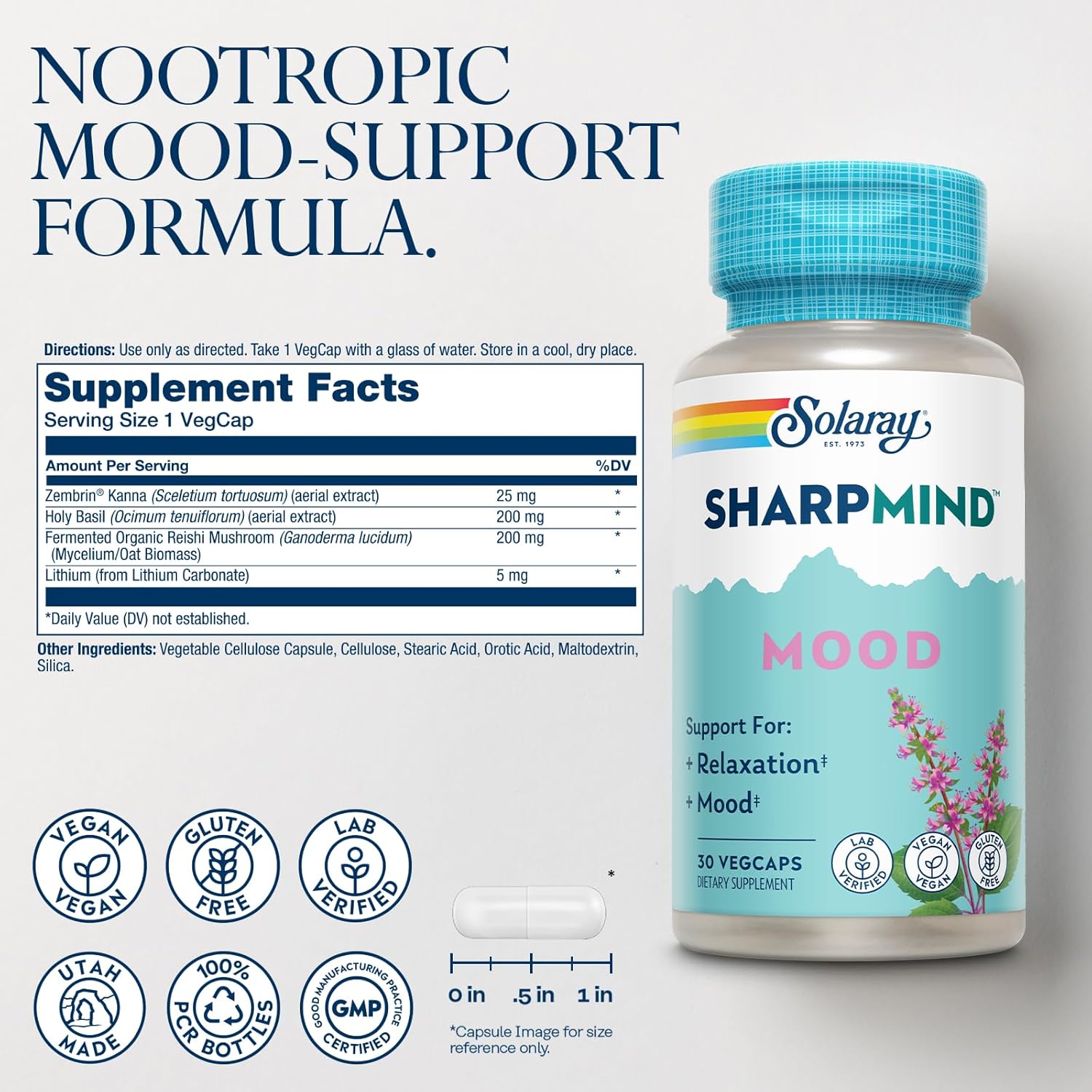 SOLARAY SharpMind Mood Support Supplement, Nootropic for Relaxation and Emotional Well 30 Servings, 30 VegCaps