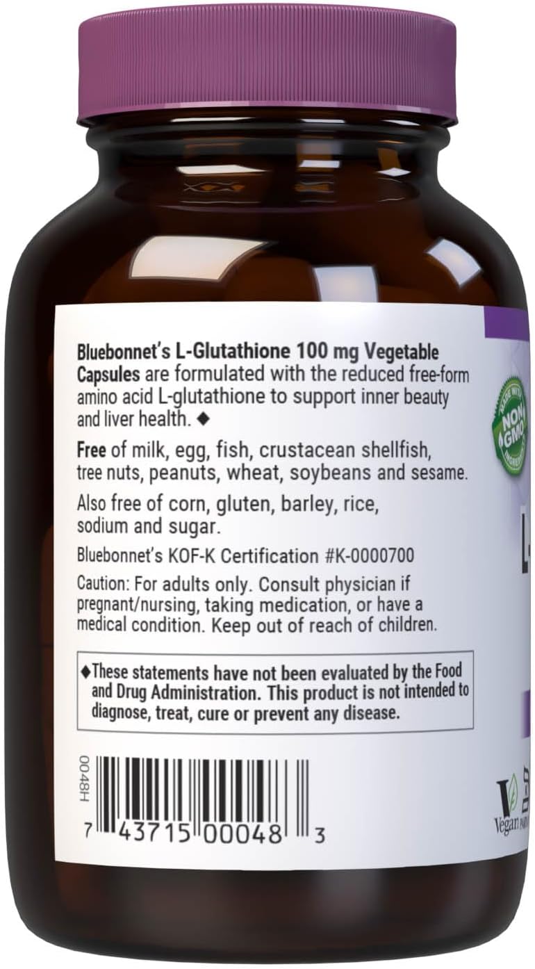 Bluebonnet Nutrition L-Glutathione 100mg 30 Vegetable Capsules, 30 Servings