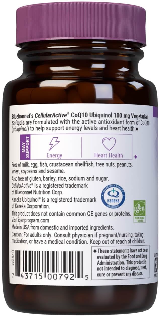 Bluebonnet Nutrition Cellular Active CoQ10 Ubiquinol 100 mg 30 Vegetable Softgels, 30 Servings