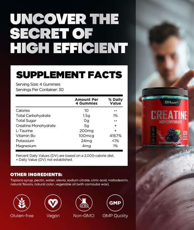 Dralot 99.99% Creatine Monohydrate Gummies 5000mg Creatine, L-Taurine, B12, Mg and K, Vegan