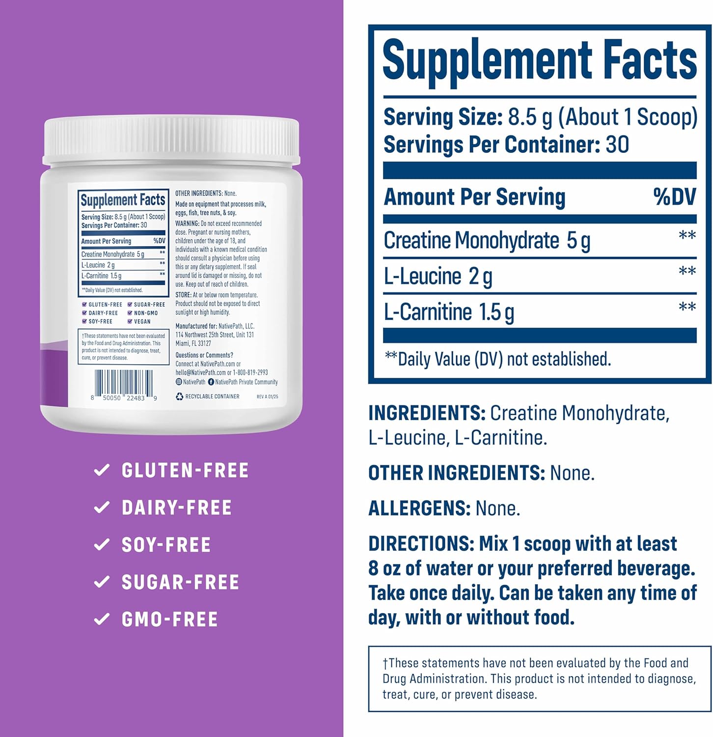 NativePath Creatine Monohydrate Powder with L-Leucine & L-Carnitine 30 Servings