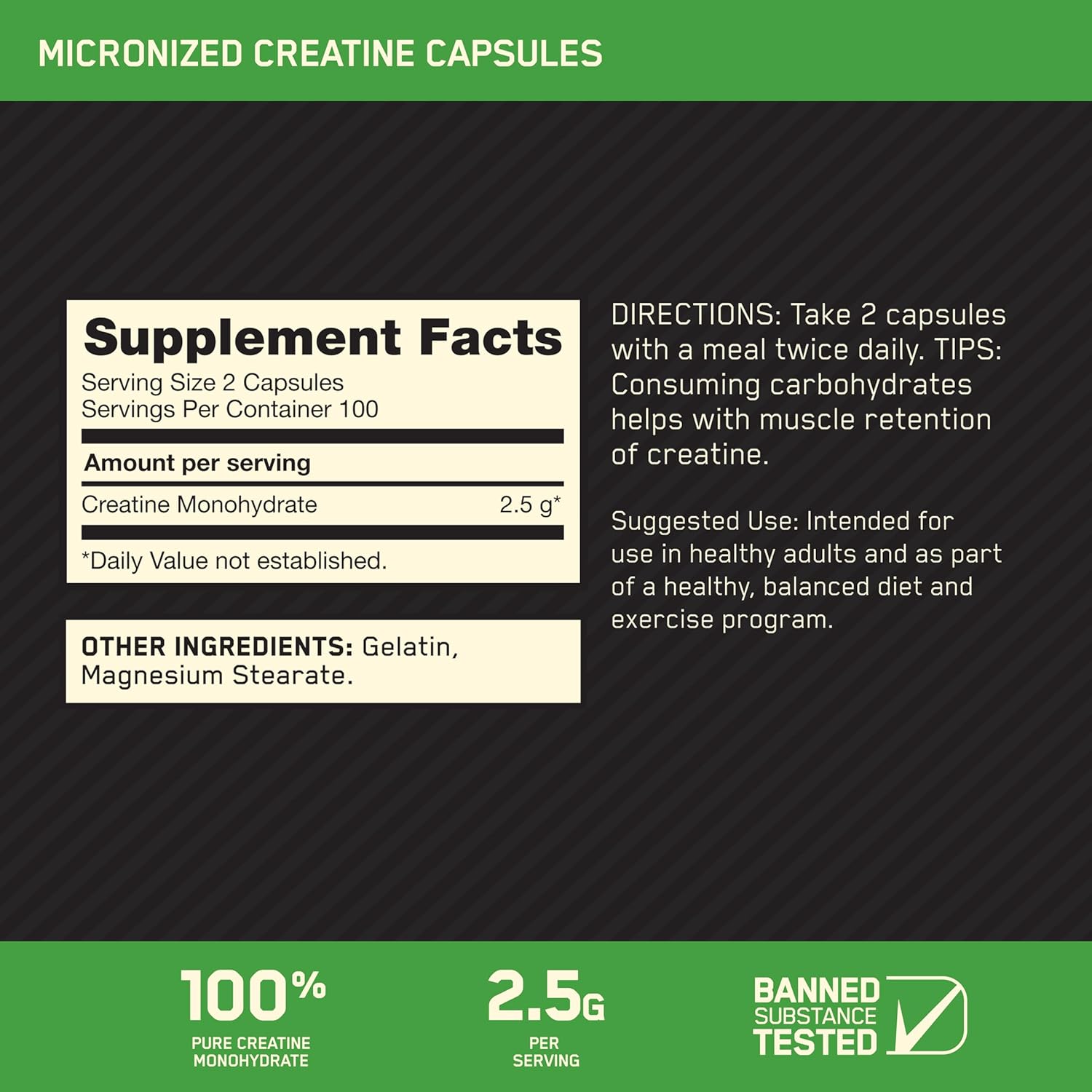 Optimum Nutrition Micronized Creatine Monohydrate Capsules, Keto Friendly, 2500mg, 200 Capsules