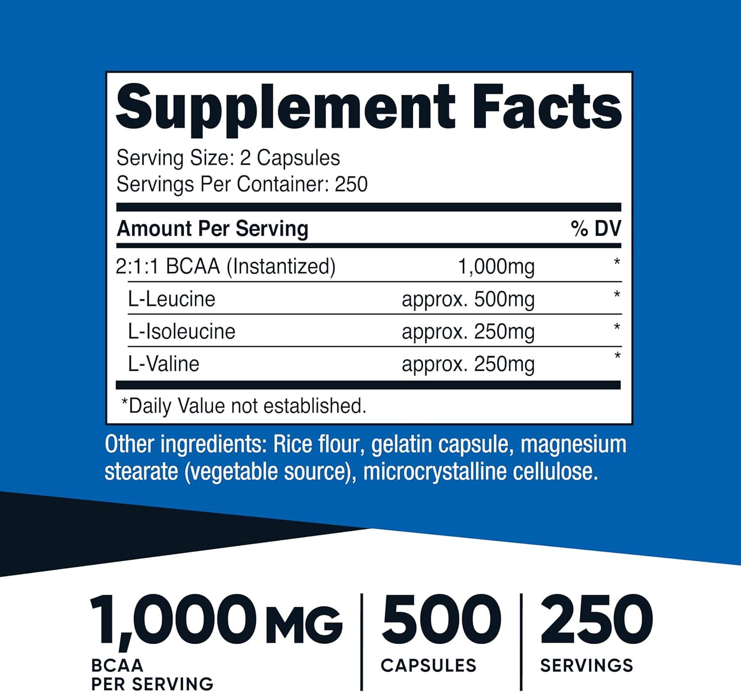 Nutricost BCAA 1000mg, 500 Capsules (250 Serv), 2:1:1 Branched Chain Amino Acids (500mg of L-Leucine, 250mg of L-Isoleucine and L-Valine)