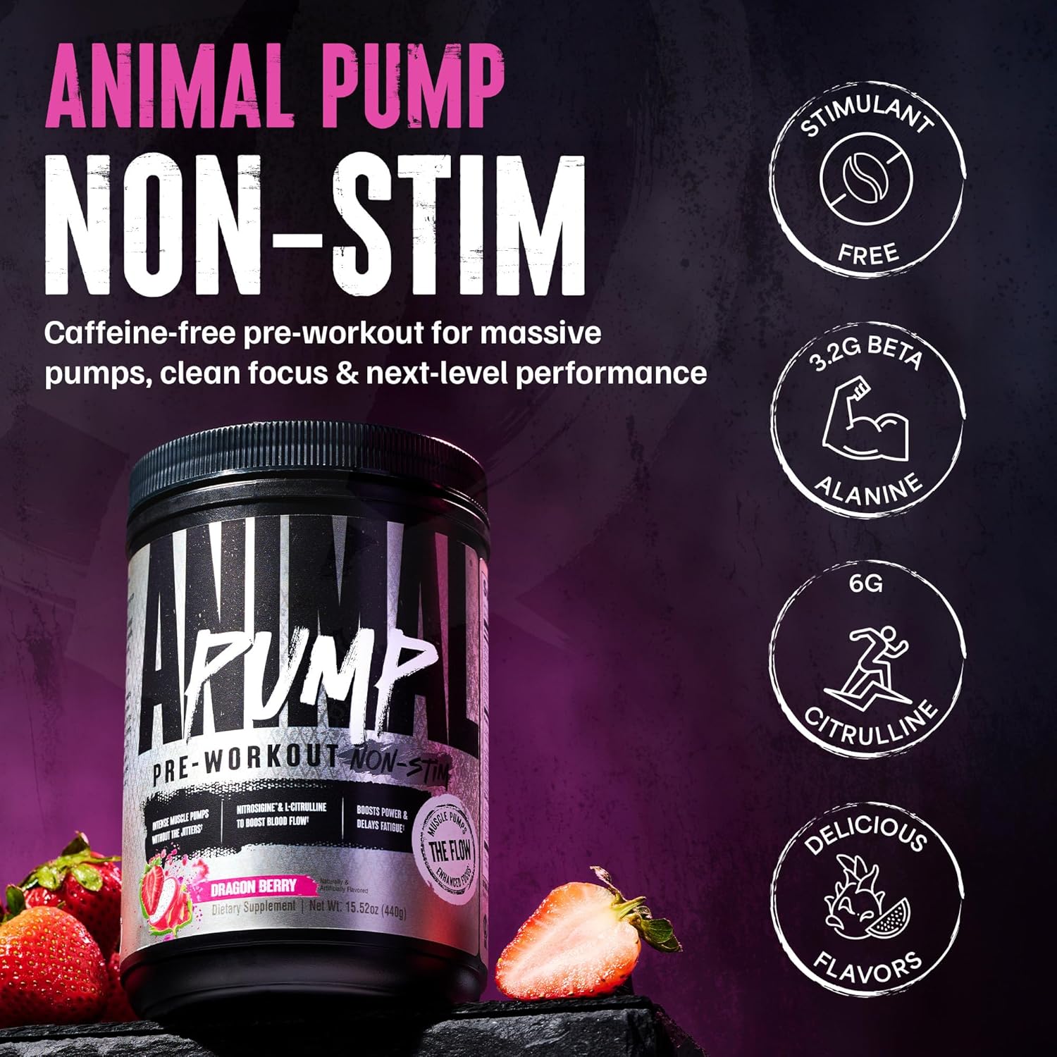 Animal Pump NS Stim-Free Pre Workout Powder for Men & Women - Dragon Berry, 440g