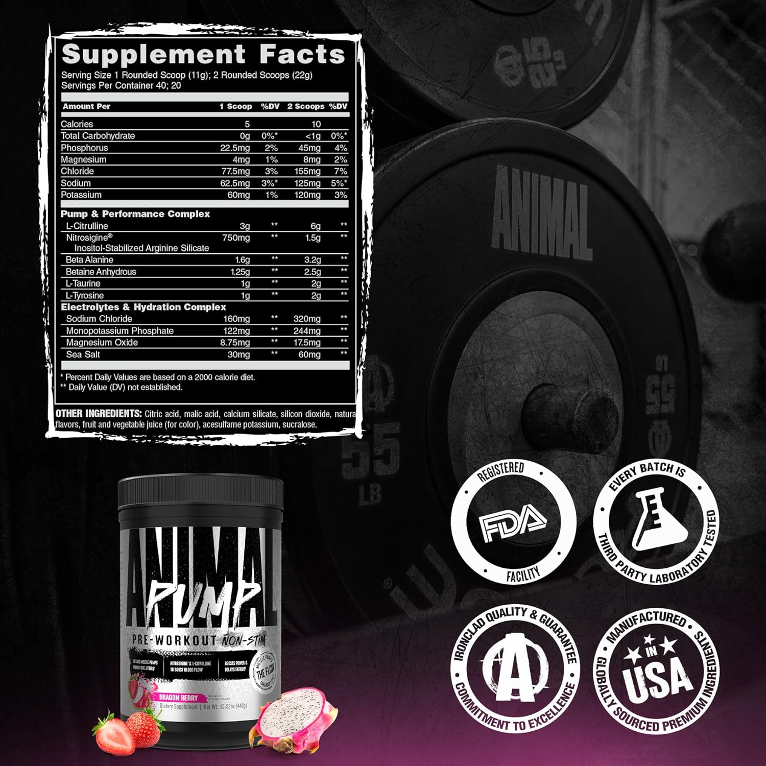 Animal Pump NS Stim-Free Pre Workout Powder for Men & Women - Dragon Berry, 440g