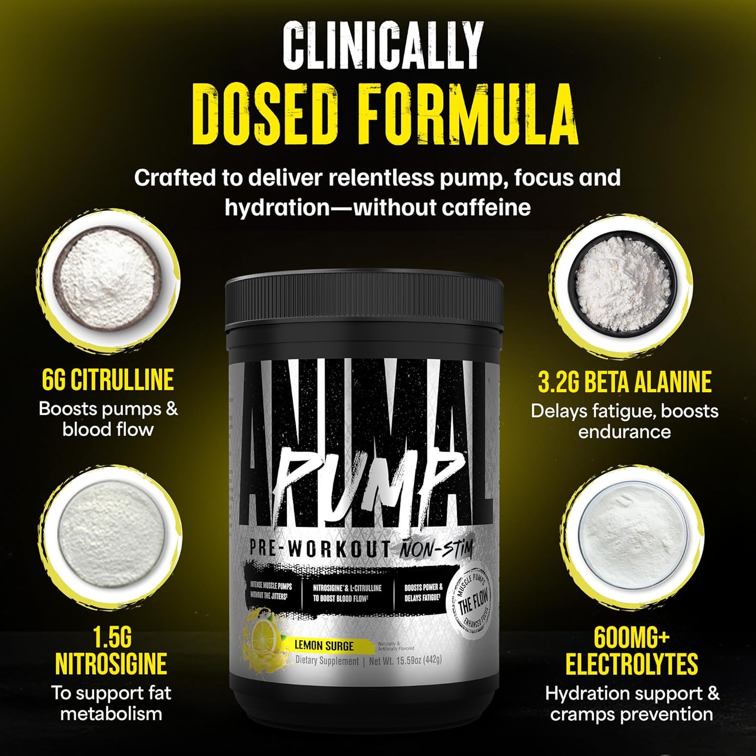 Animal Pump NS Stim-Free Pre Workout Powder for Men & Women , Lemon Surge, 442g