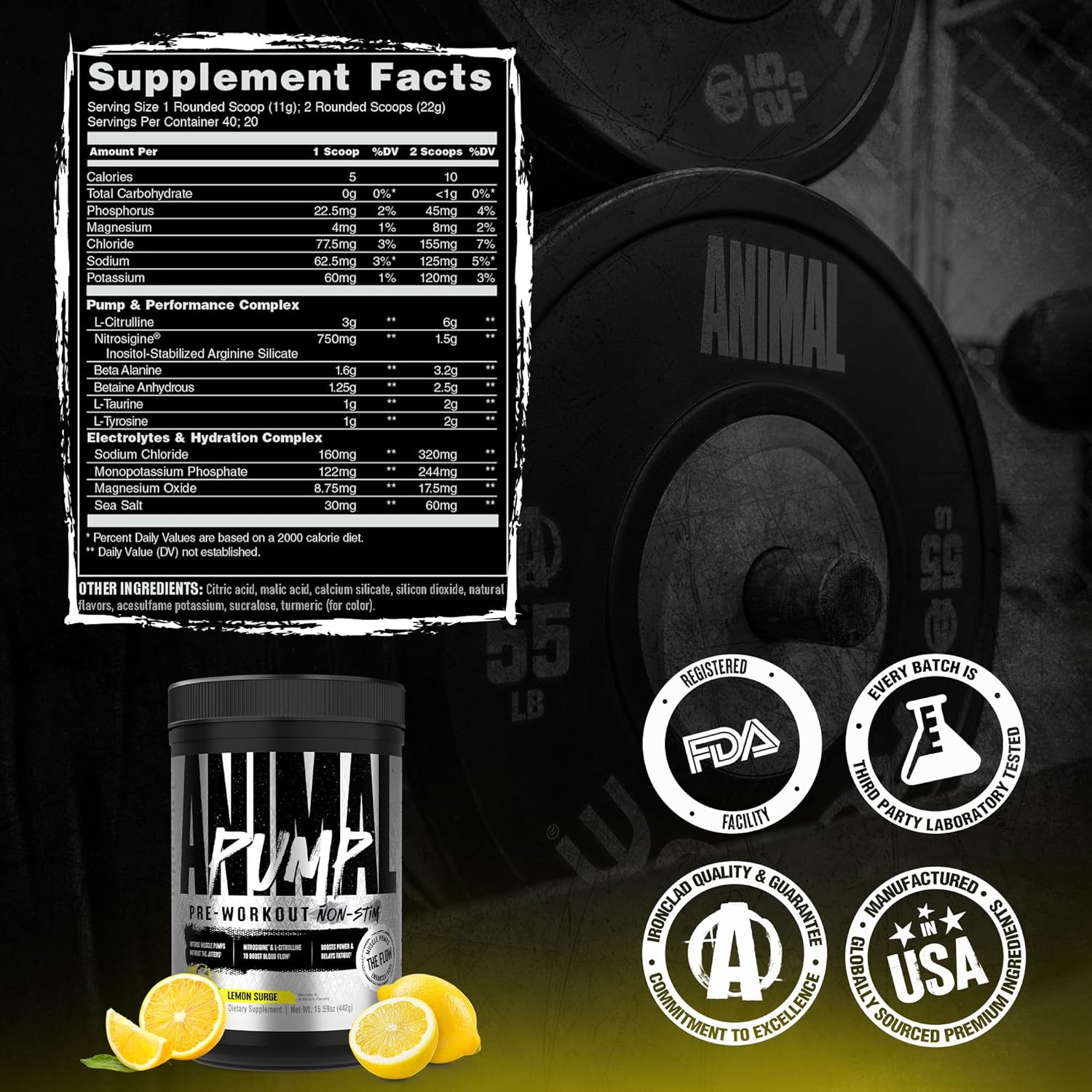 Animal Pump NS Stim-Free Pre Workout Powder for Men & Women , Lemon Surge, 442g