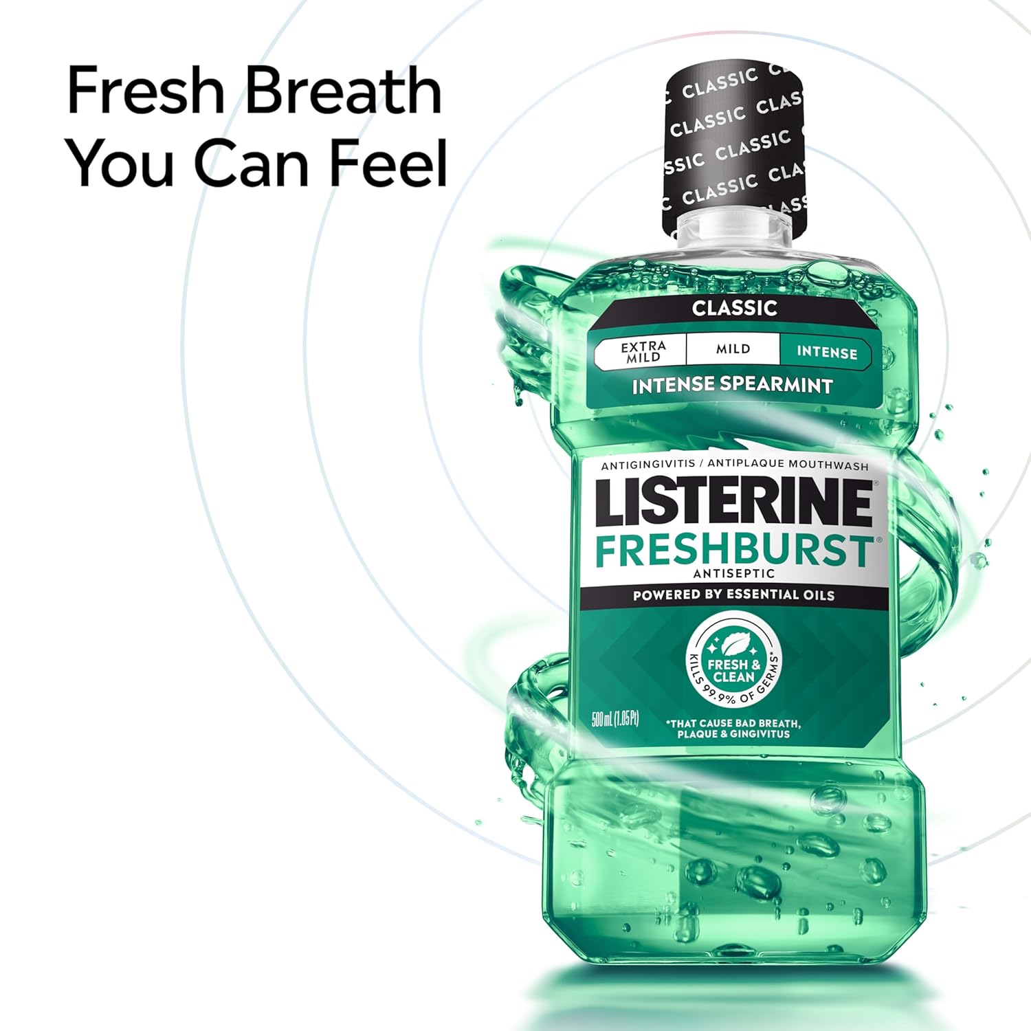 Listerine Freshburst Intense Antiseptic Mouthwash for Bad Breath, Kills 99.9% of Germs That Cause Bad Breath & Fight Plaque & Gingivitis, ADA Accepted Mouthwash, Intense Spearmint, 1 L