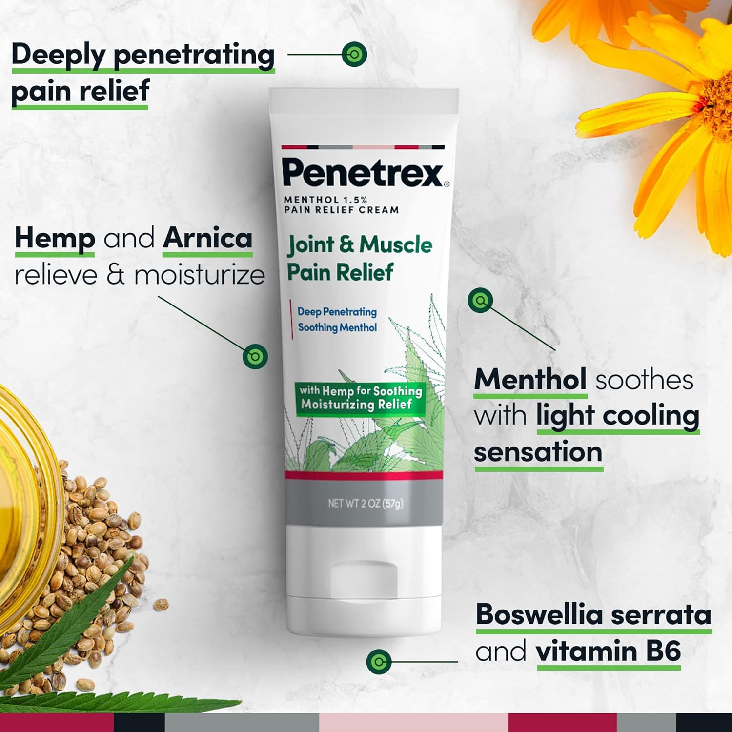 Penetrex Soothing Joint & Muscle Pain Relief Cream with Hemp - Deep Penetrating Menthol, Arnica and Hemp for Soothing