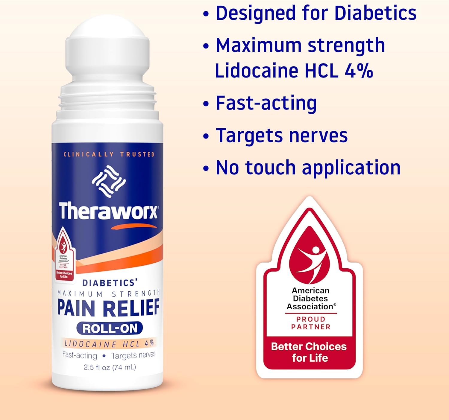 Theraworx Maximum Strength Diabetics' Pain Relief Roll-On with Lidocaine - 2.5 oz - 1 Count