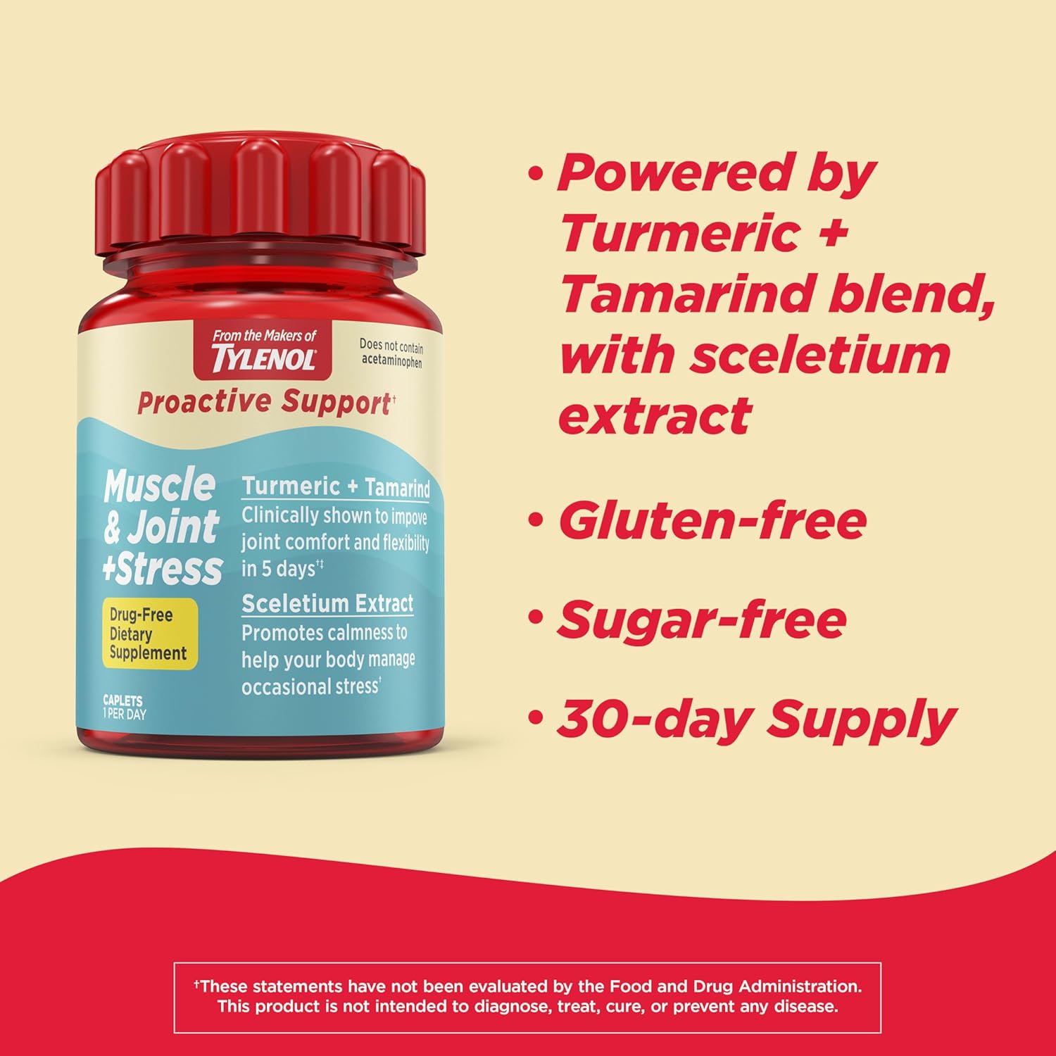 Tylenol Proactive Support* Muscle & Joint Supplements + Stress, Drug Free, 30 ct