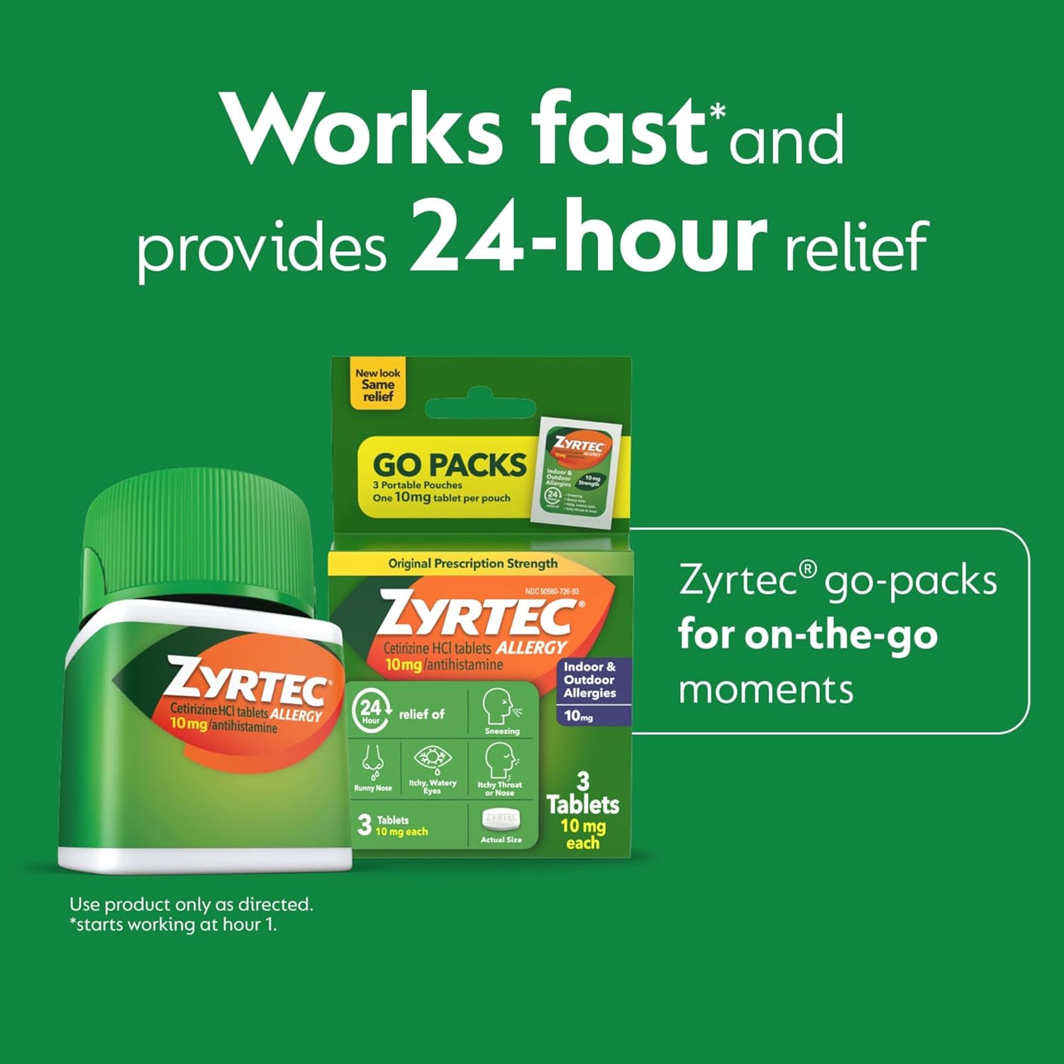 Zyrtec 24 Hour Allergy Relief Tablets, Indoor and Outdoor Allergy Medicine 60 ct + 3 ct Travel Packs, 63 Count